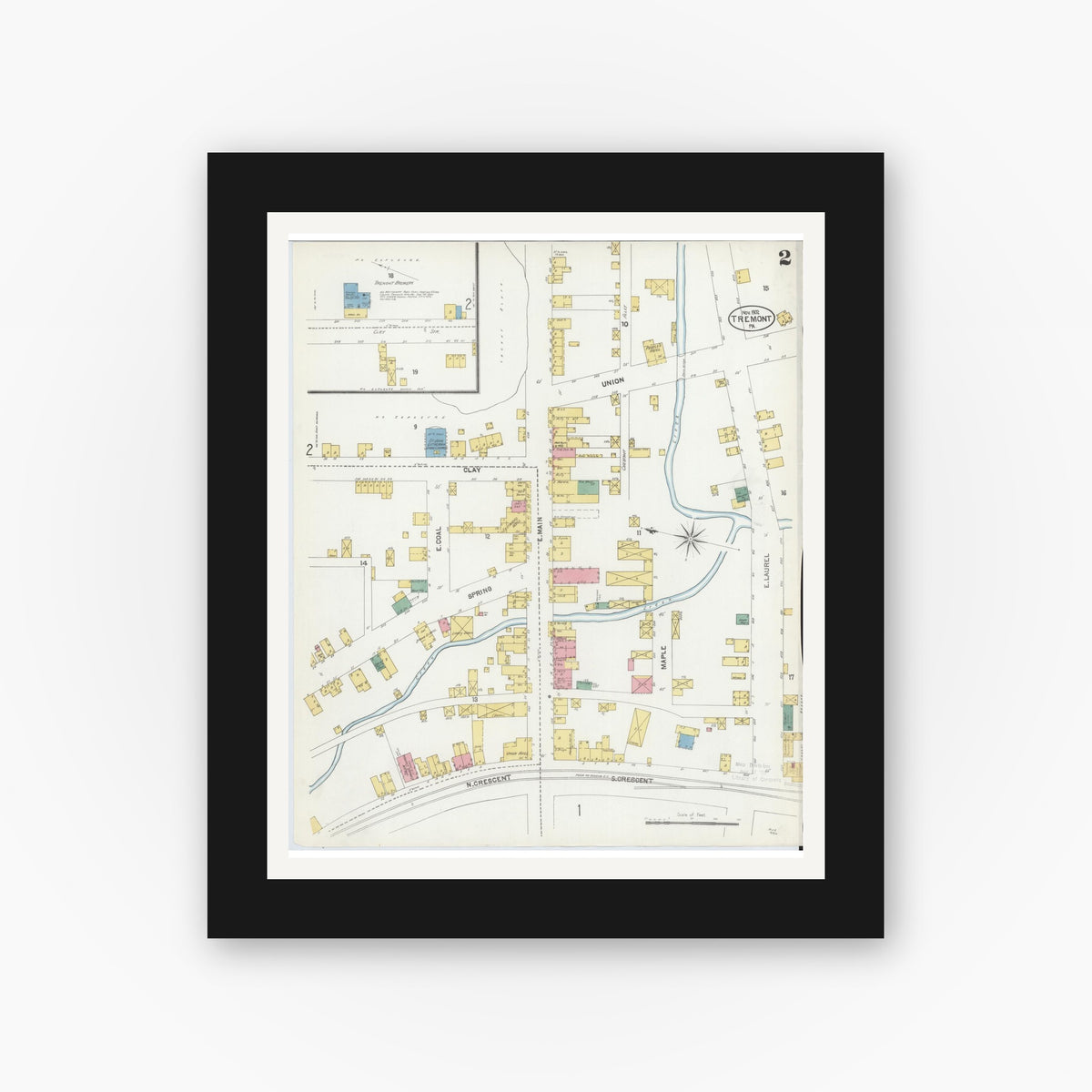 Old map wall art mockup — black gallery frame with white mat — Sanborn Fire Insurance Map from Tremont, Schuylkill County, Pennsylvania (1902), Sheet #0002