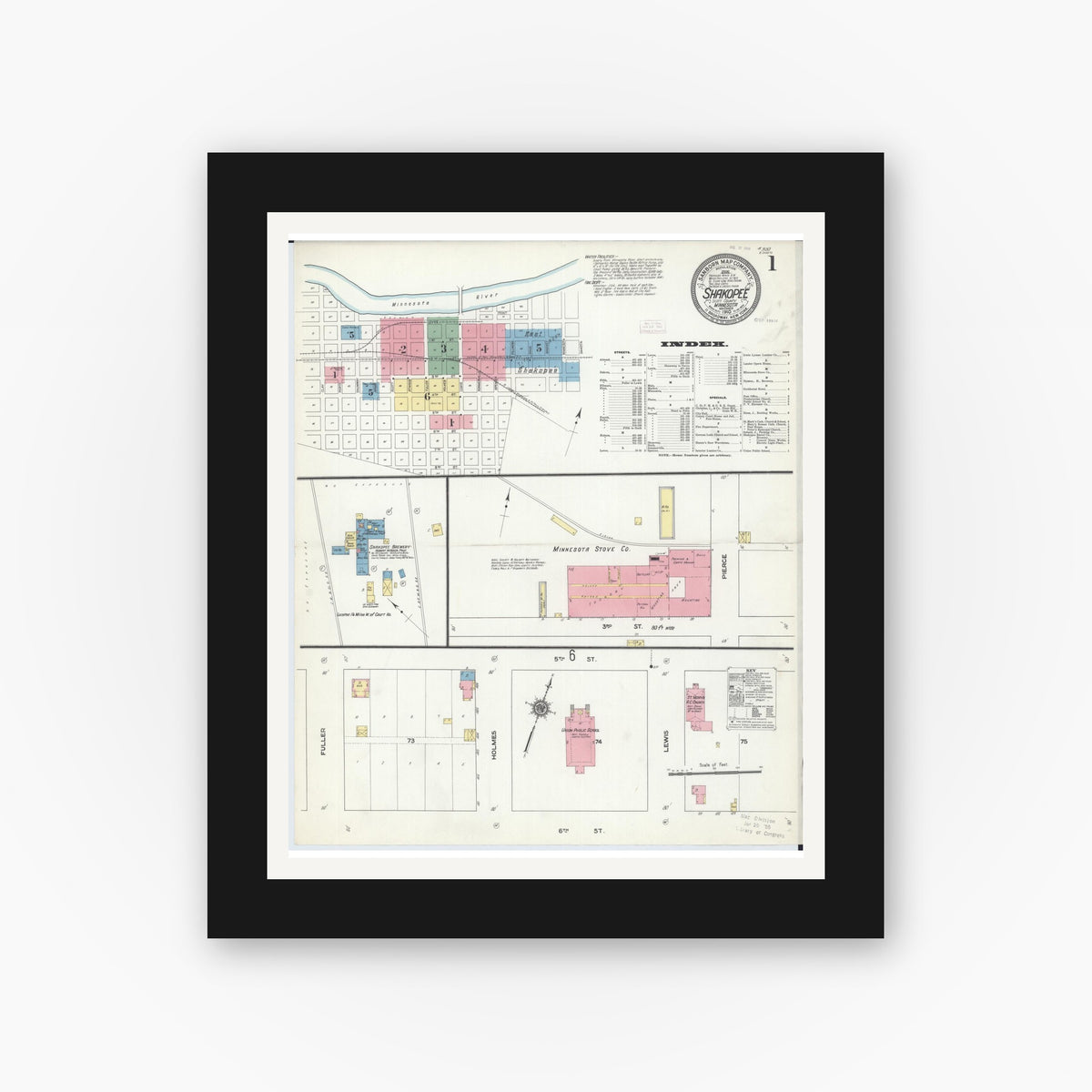 Old map wall art mockup — black gallery frame with white mat — Sanborn Fire Insurance Map from Shakopee, Scott County, Minnesota (1910), Sheet #0001