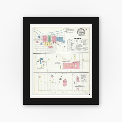 Old map wall art mockup — black gallery frame with white mat — Sanborn Fire Insurance Map from Shakopee, Scott County, Minnesota (1910), Sheet #0001