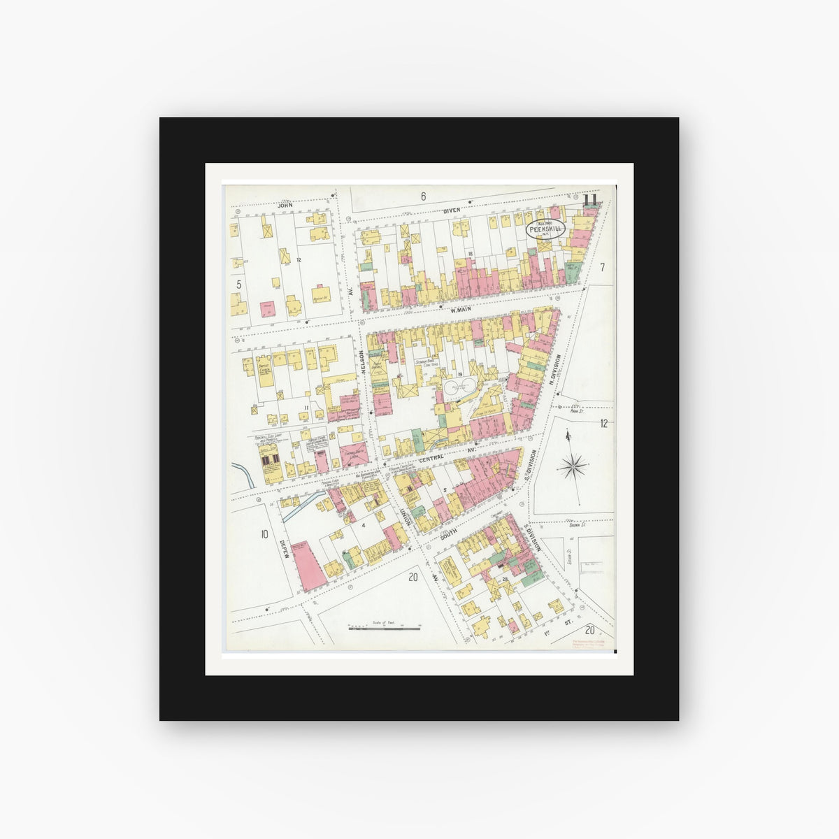 Old map wall art mockup — black gallery frame with white mat — Sanborn Fire Insurance Map from Peekskill, Westchester County, New York (1900), Sheet #0011