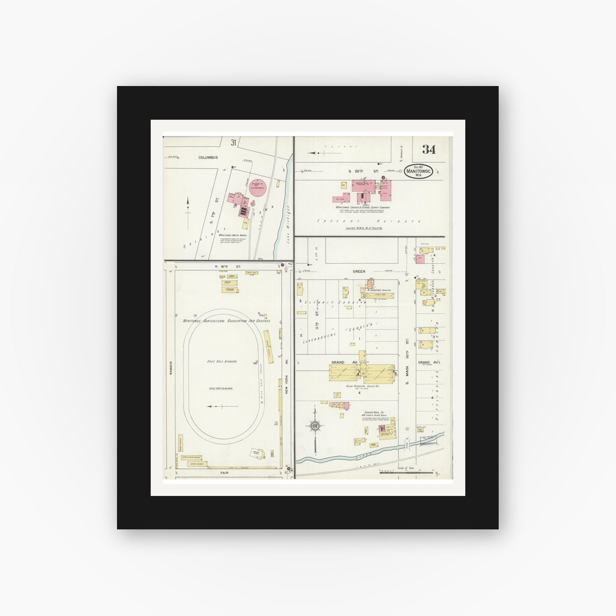 Old map wall art mockup — black gallery frame with white mat — Sanborn Fire Insurance Map from Manitowoc, Manitowoc County, Wisconsin (1912), Sheet #0034