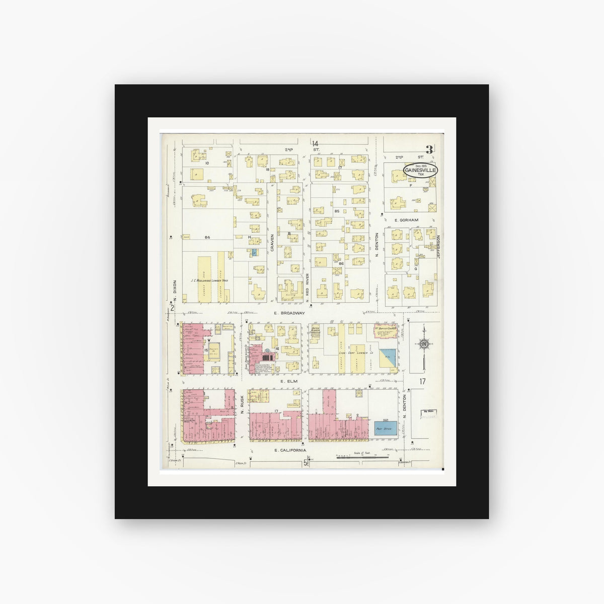 Old map wall art mockup — black gallery frame with white mat — Sanborn Fire Insurance Map from Gainesville, Cooke County, Texas (1913), Sheet #0003