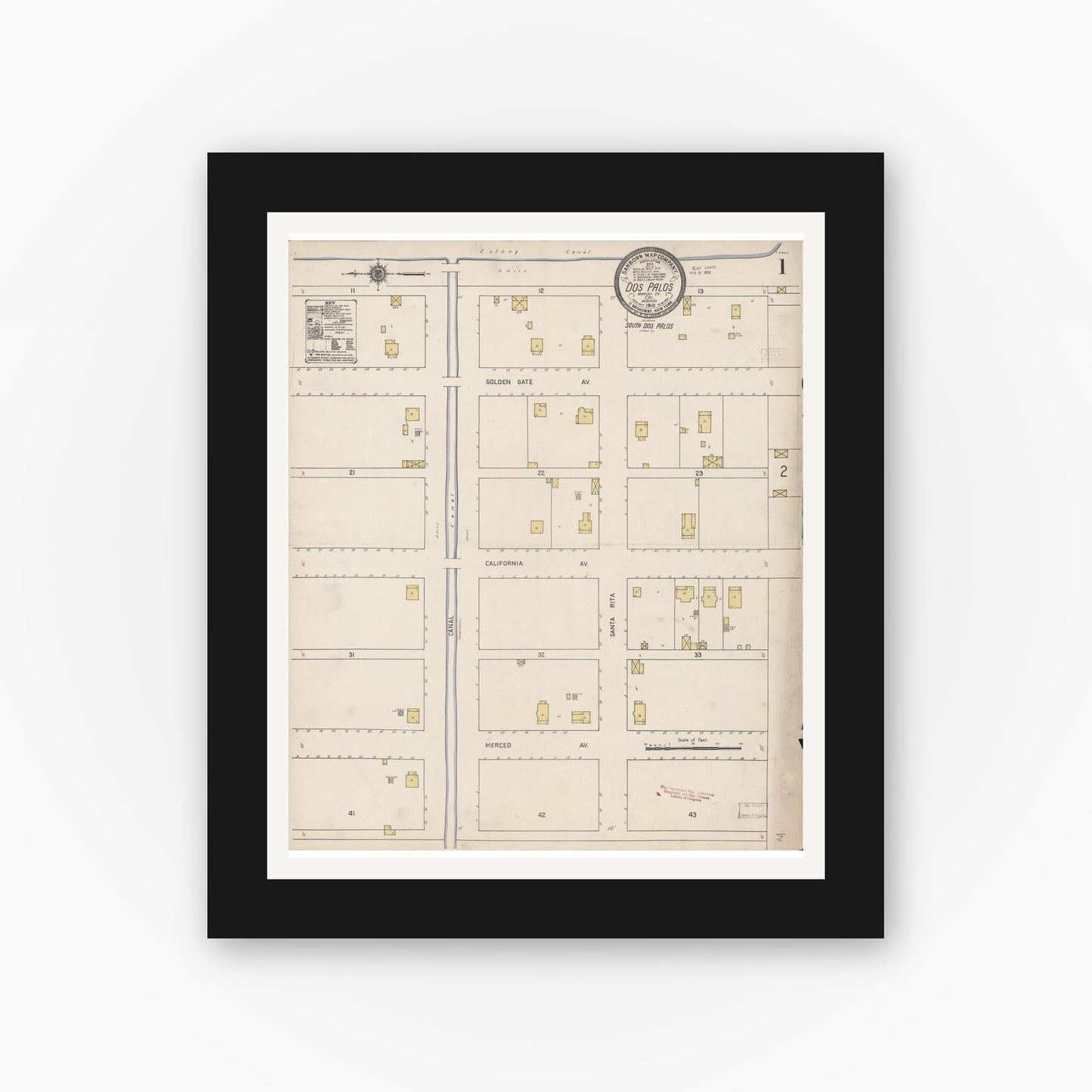 Old map wall art mockup — black gallery frame with white mat — Sanborn Fire Insurance Map from Dos Palos, Merced County, California (1910) - Complete Map Set