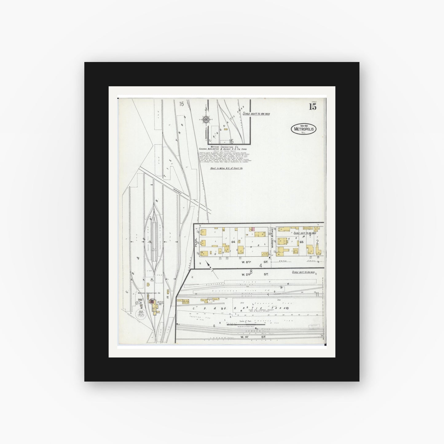 Old map wall art mockup — black gallery frame with white mat — Sanborn Fire Insurance Map from Metropolis, Massac County, Illinois (1921), Sheet #0015