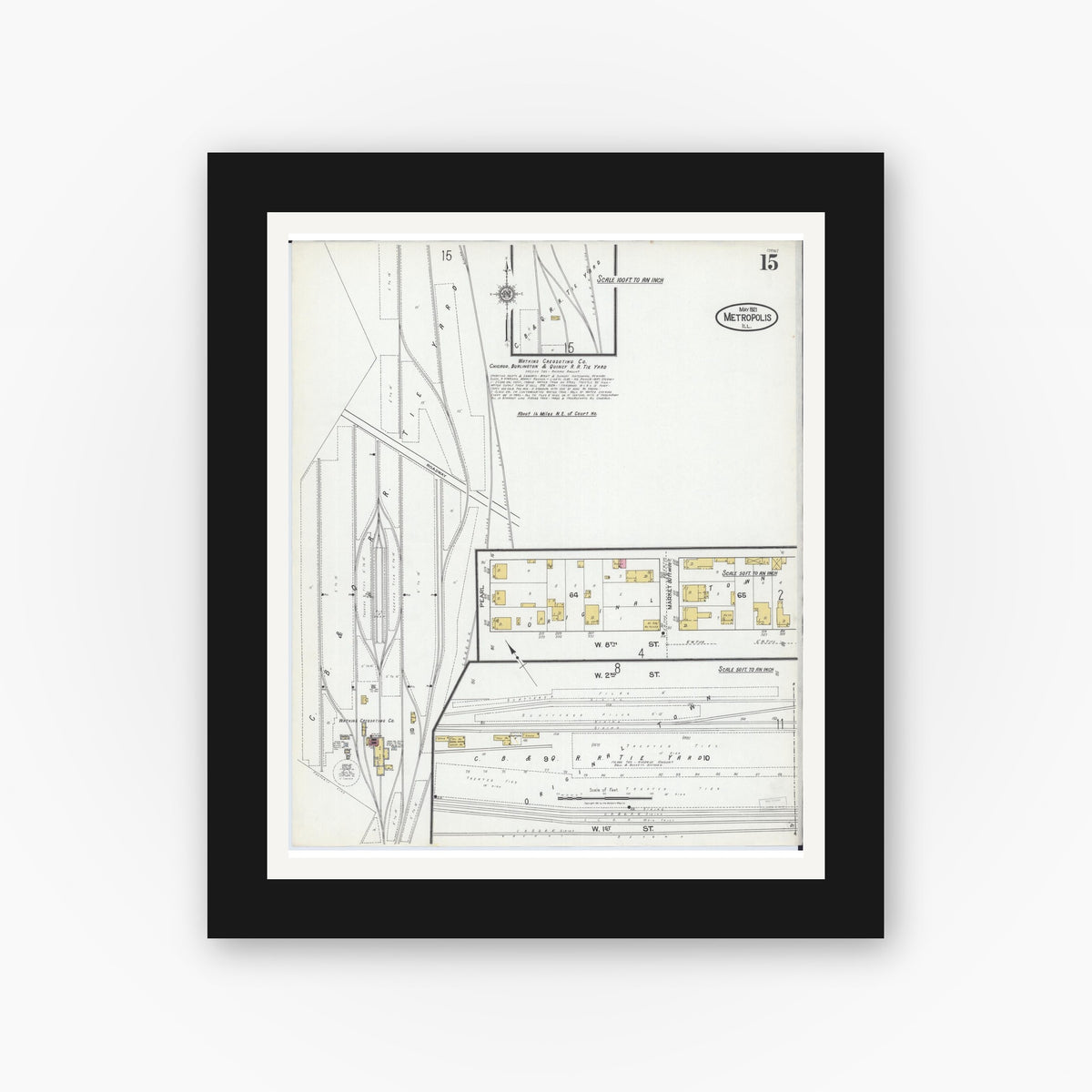 Old map wall art mockup — black gallery frame with white mat — Sanborn Fire Insurance Map from Metropolis, Massac County, Illinois (1921), Sheet #0015