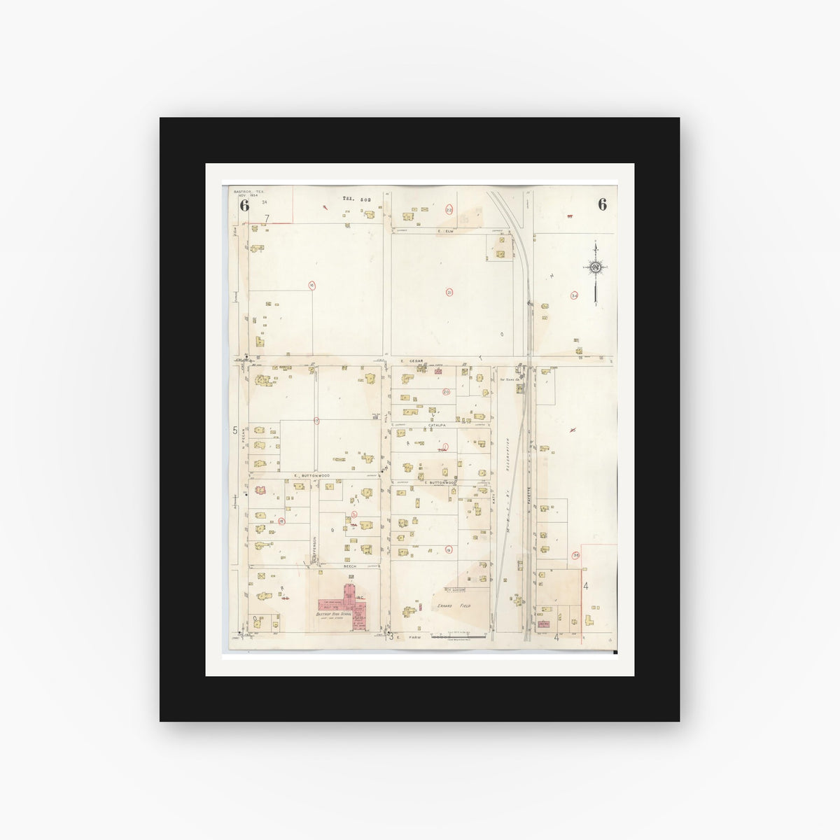 Old map wall art mockup — black gallery frame with white mat — Sanborn Fire Insurance Map from Bastrop, Bastrop County, Texas (1944), Sheet #0006
