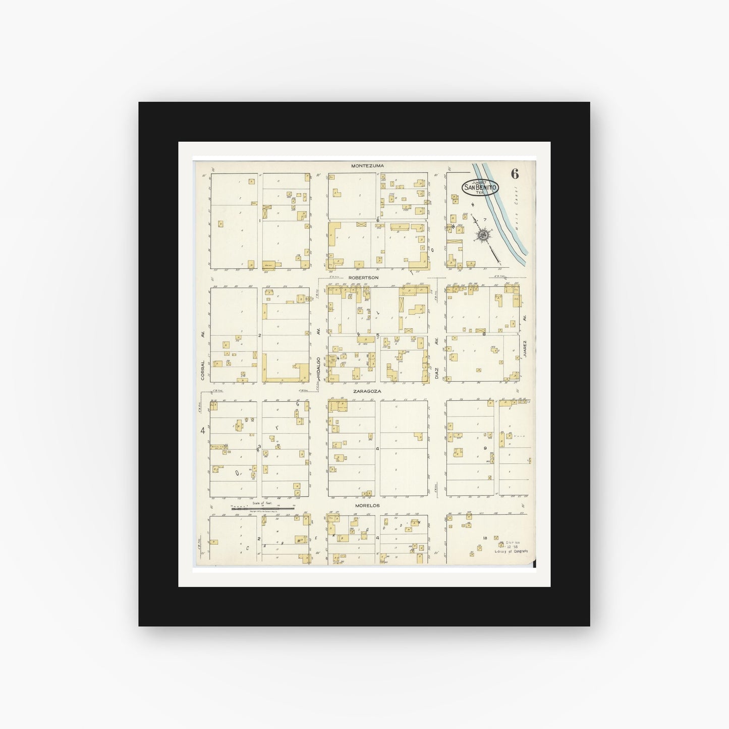 Old map wall art mockup — black gallery frame with white mat — Sanborn Fire Insurance Map from San Benito, Cameron County, Texas (1917), Sheet #0006