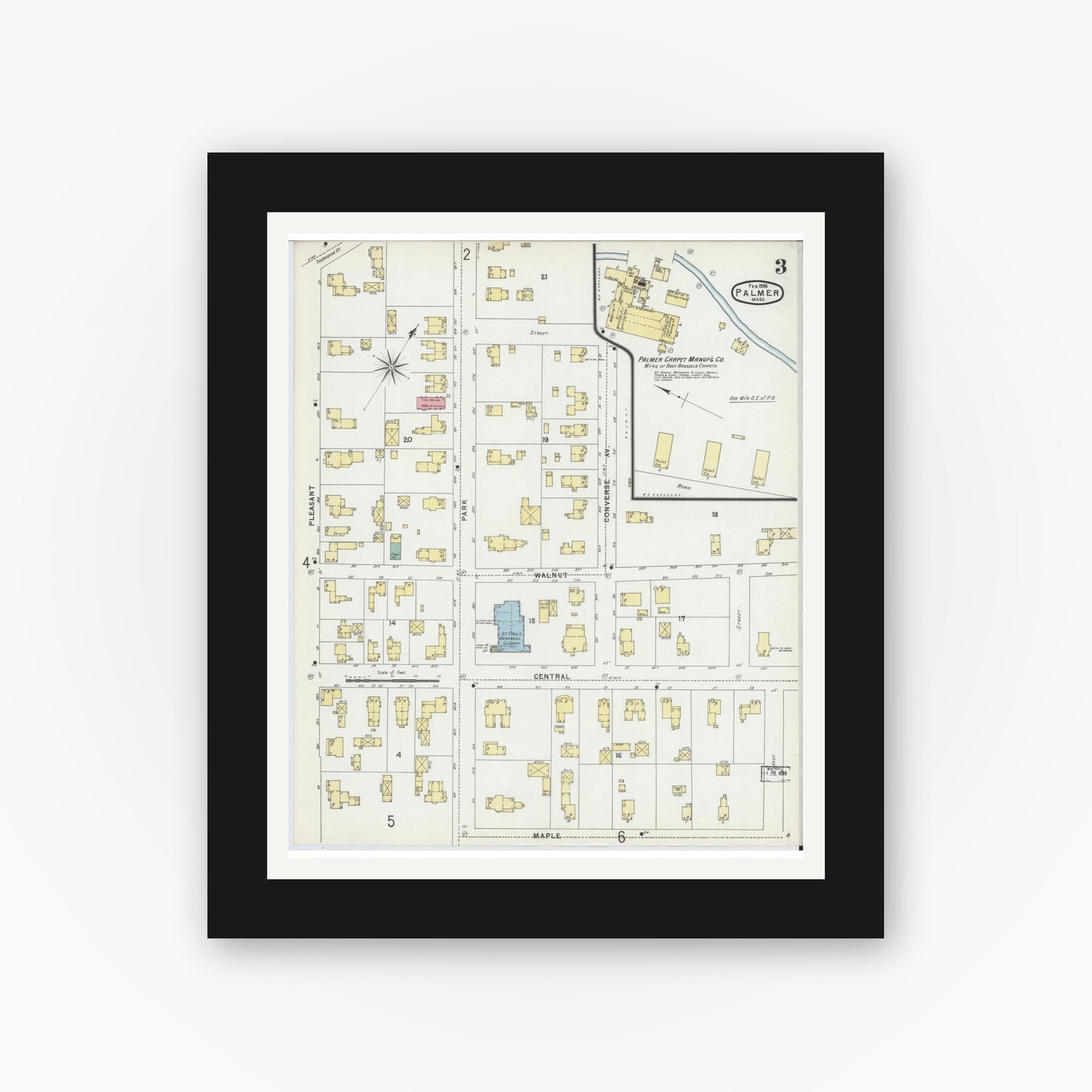 Old map wall art mockup — black gallery frame with white mat — Sanborn Fire Insurance Map from Palmer, Hampden County, Massachusetts (1896), Sheet #0003