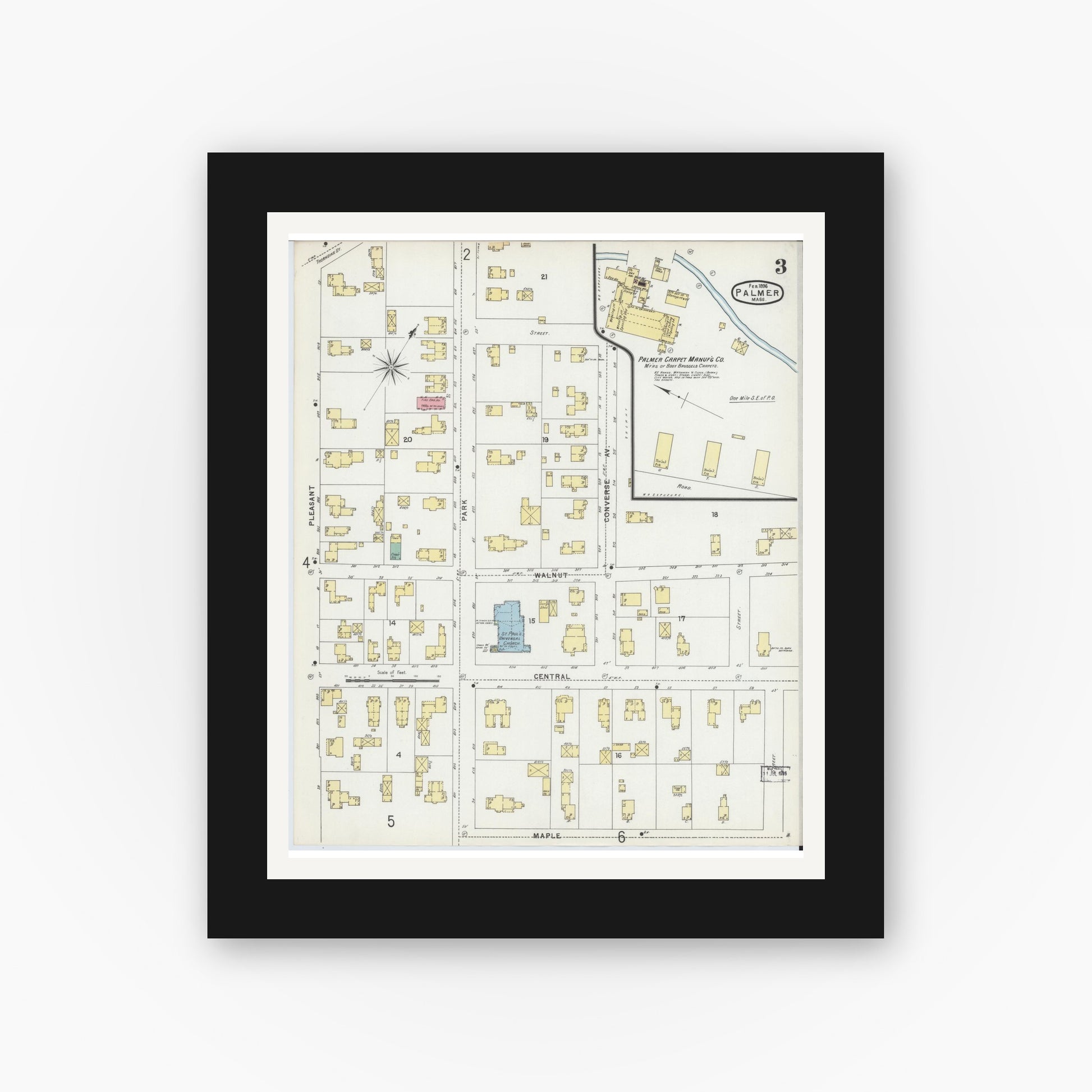 Old map wall art mockup — black gallery frame with white mat — Sanborn Fire Insurance Map from Palmer, Hampden County, Massachusetts (1896), Sheet #0003