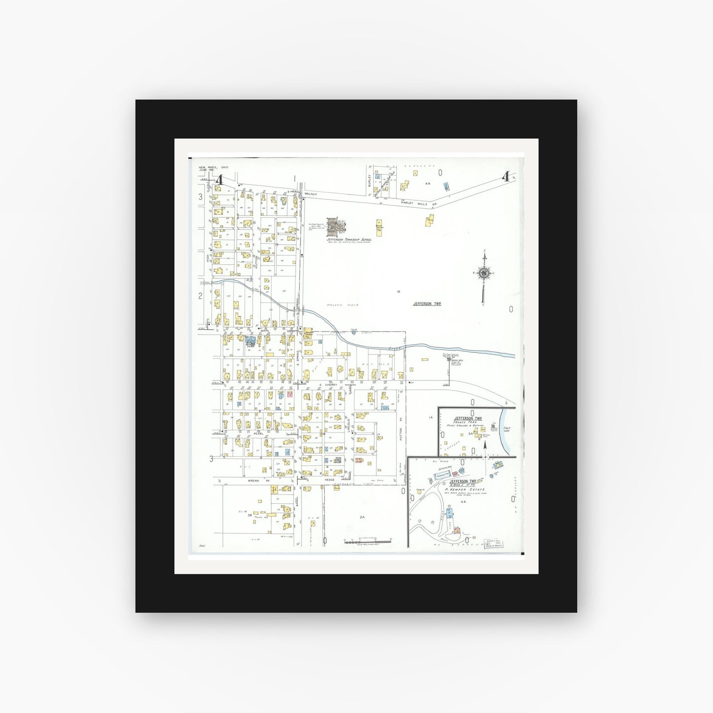 Old map wall art mockup — black gallery frame with white mat — Sanborn Fire Insurance Map from New Paris, Preble County, Ohio (1951), Sheet #0004