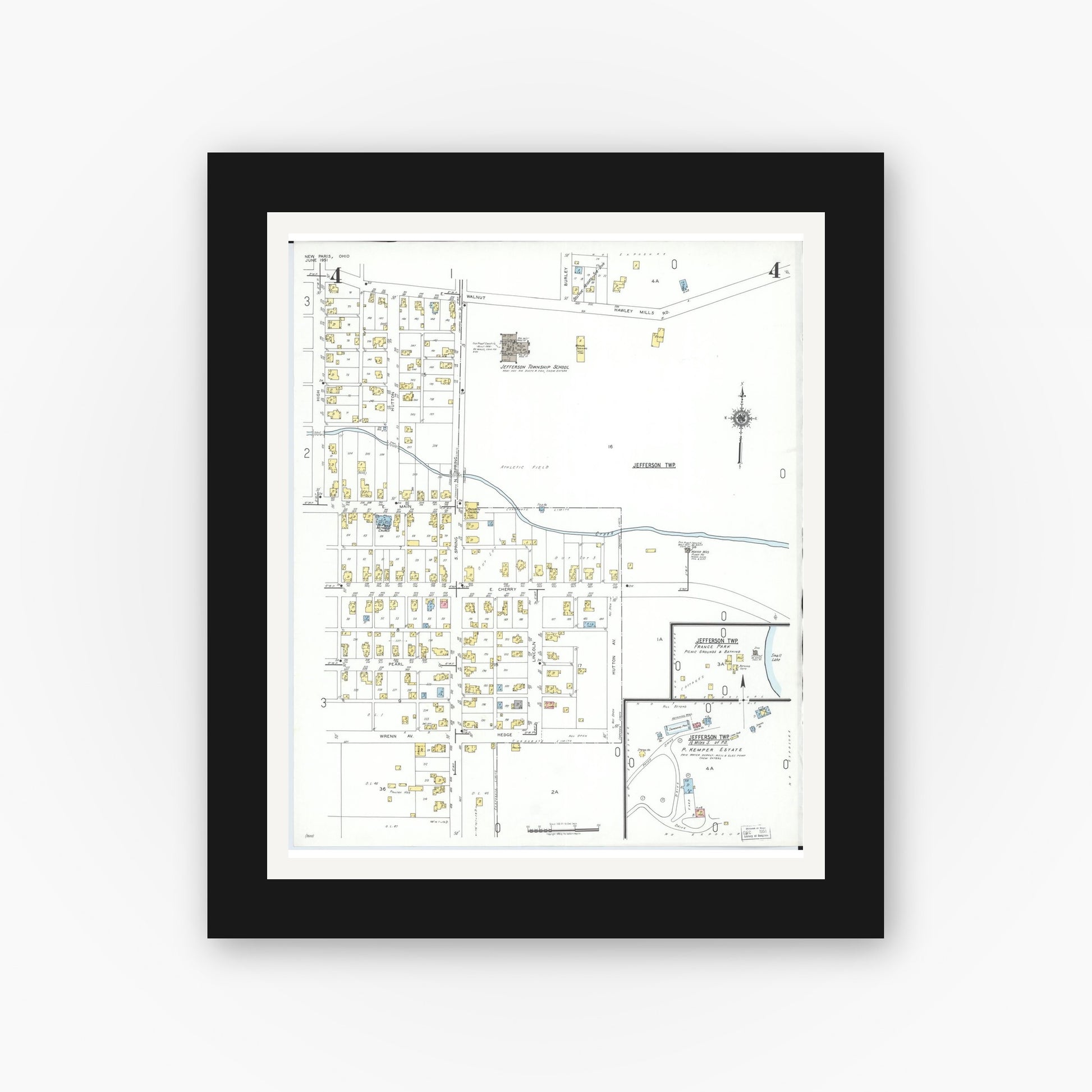 Old map wall art mockup — black gallery frame with white mat — Sanborn Fire Insurance Map from New Paris, Preble County, Ohio (1951), Sheet #0004