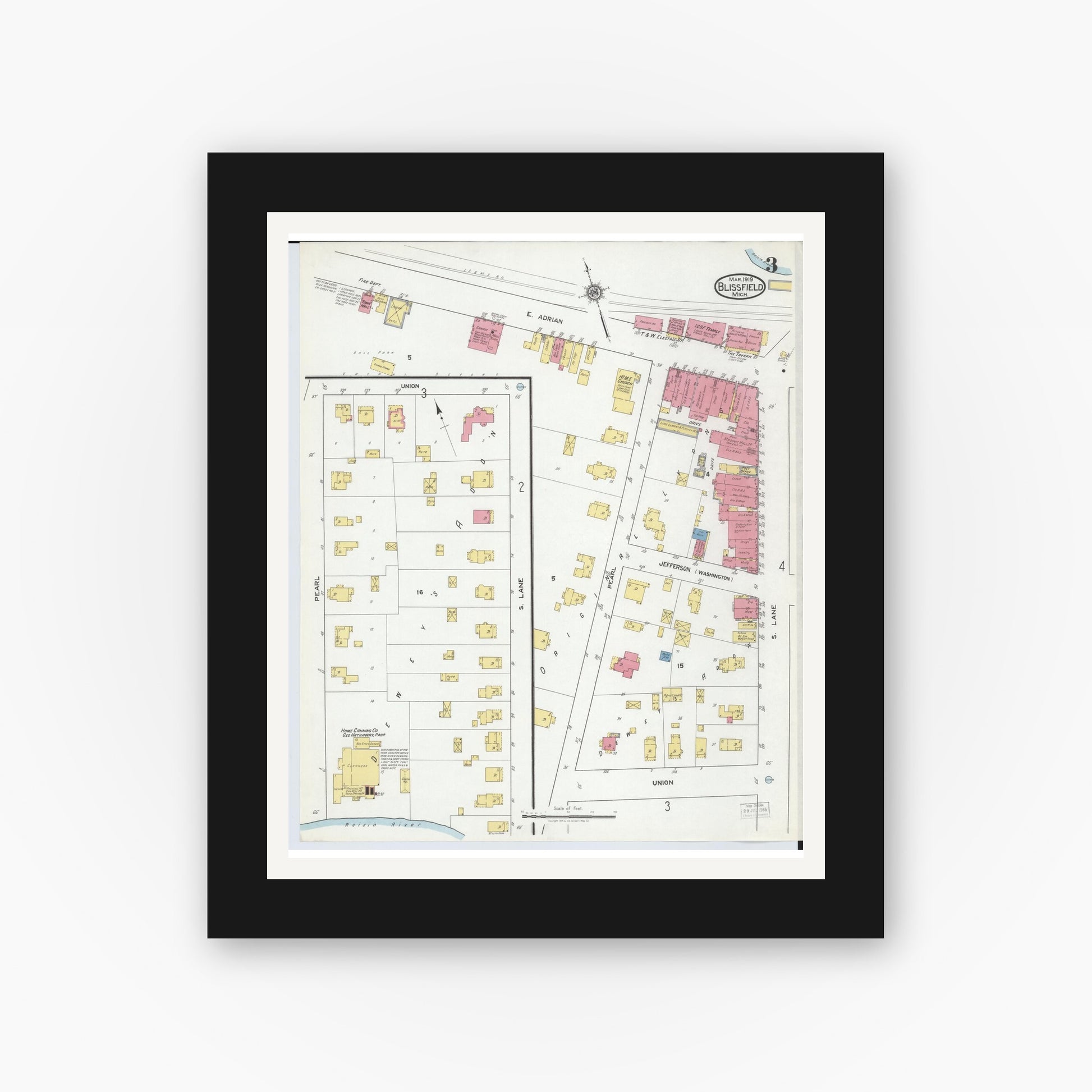 Old map wall art mockup — black gallery frame with white mat — Sanborn Fire Insurance Map from Blissfield, Lenawee County, Michigan (1919), Sheet #0003