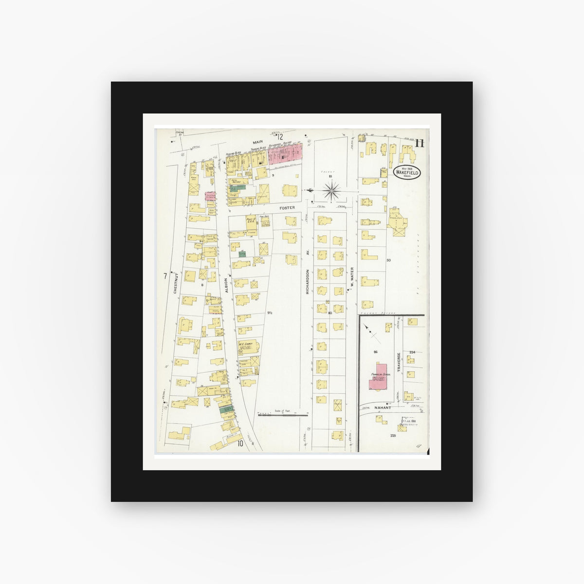 Old map wall art mockup — black gallery frame with white mat — Sanborn Fire Insurance Map from Wakefield, Middlesex County, Massachusetts (1909), Sheet #0011