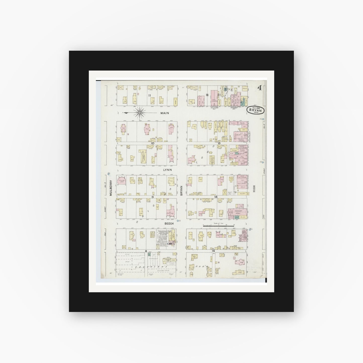 Old map wall art mockup — black gallery frame with white mat — Sanborn Fire Insurance Map from Bryan, Williams County, Ohio (1888), Sheet #0004