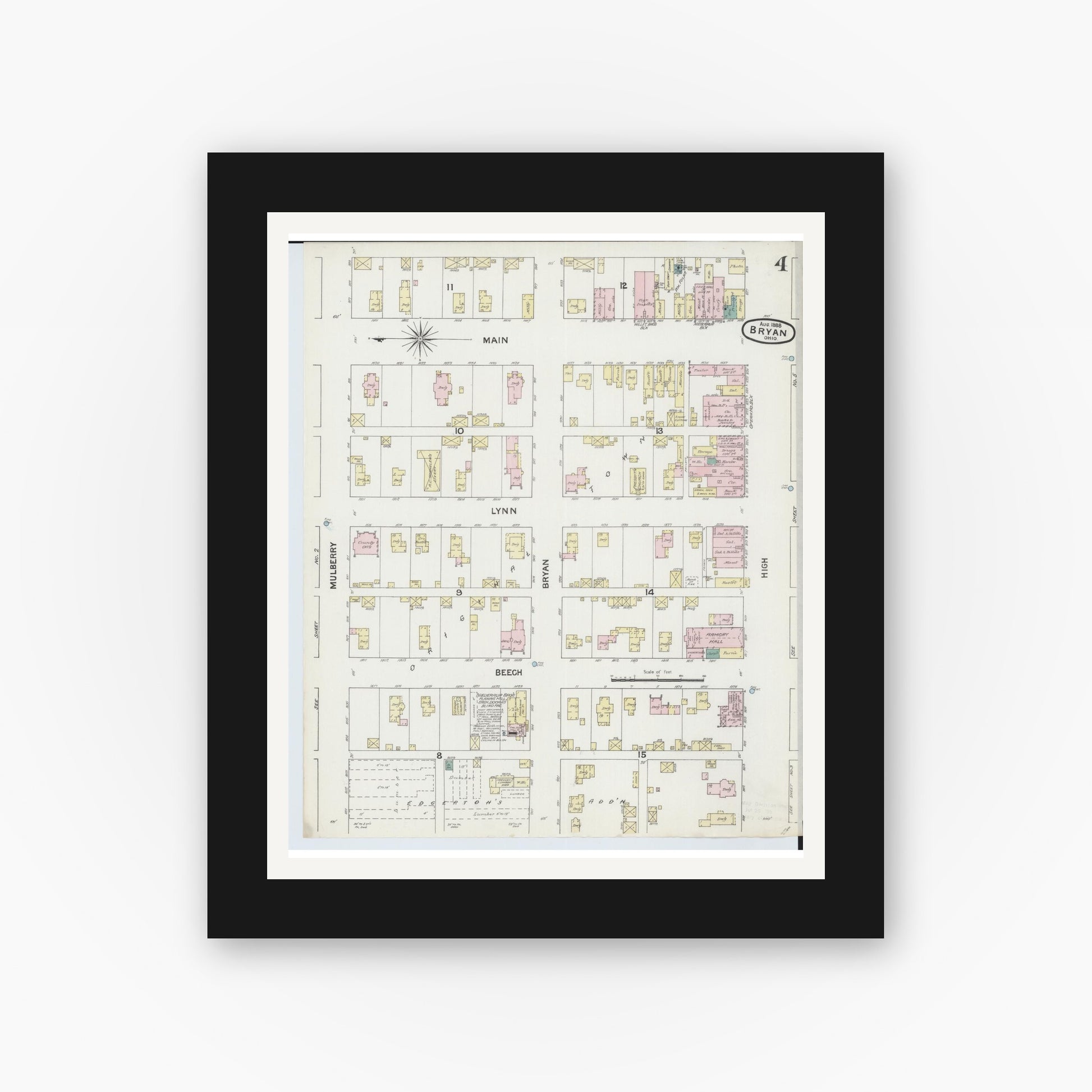 Old map wall art mockup — black gallery frame with white mat — Sanborn Fire Insurance Map from Bryan, Williams County, Ohio (1888), Sheet #0004