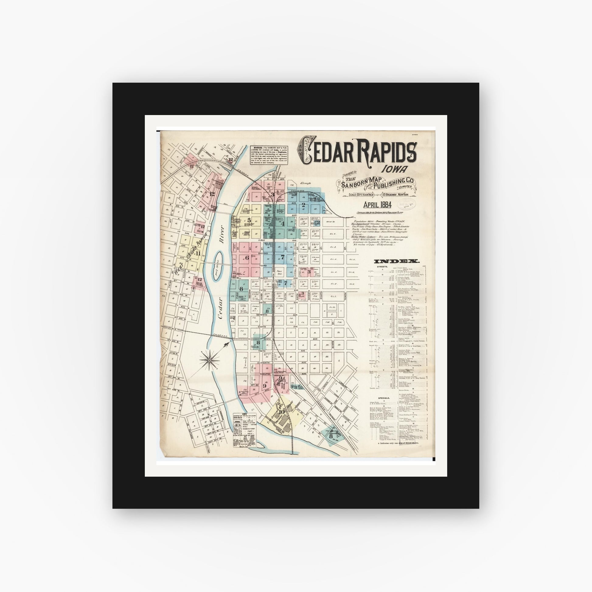 Old map wall art mockup — black gallery frame with white mat — Sanborn Fire Insurance Map from Cedar Rapids, Linn County, Iowa (1884), Sheet #0001