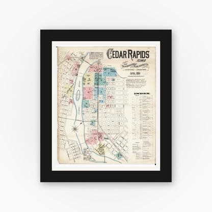 Old map wall art mockup — black gallery frame with white mat — Sanborn Fire Insurance Map from Cedar Rapids, Linn County, Iowa (1884), Sheet #0001