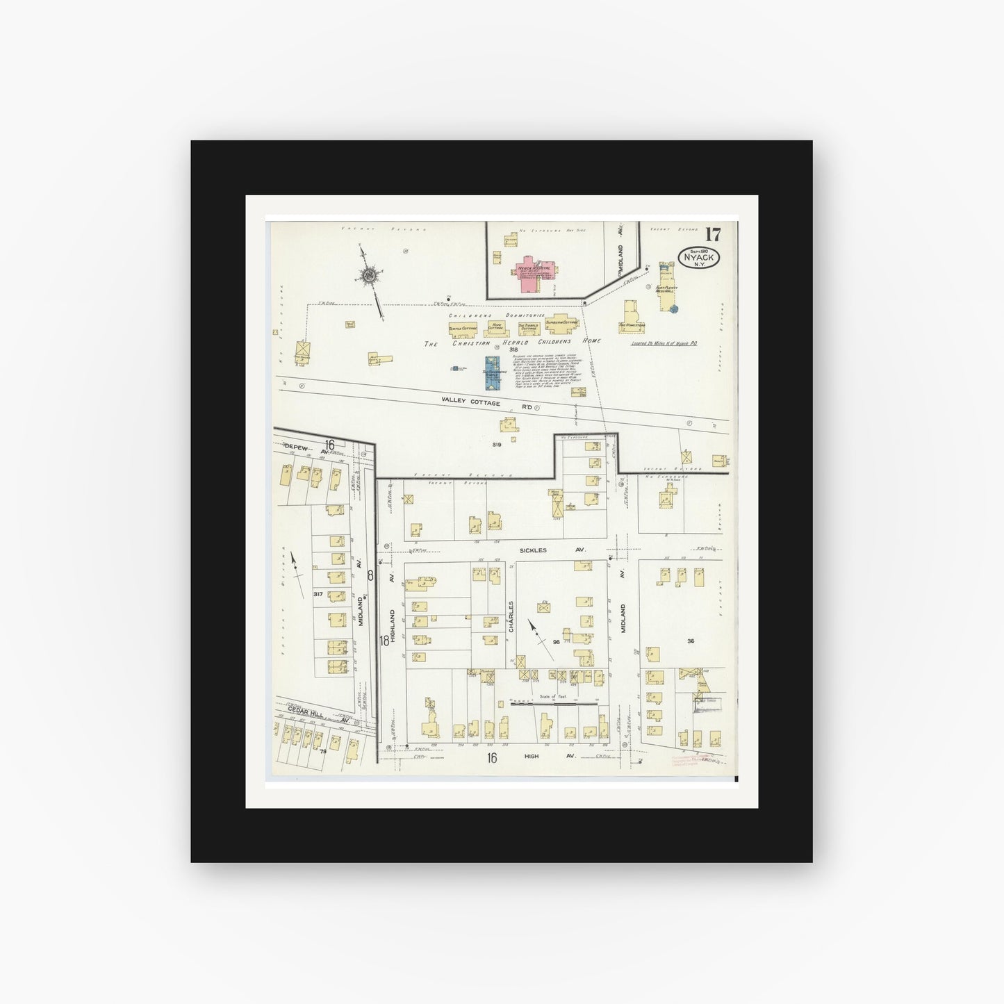 Old map wall art mockup — black gallery frame with white mat — Sanborn Fire Insurance Map from Nyack, Rockland County, New York. (1910), Sheet #0017