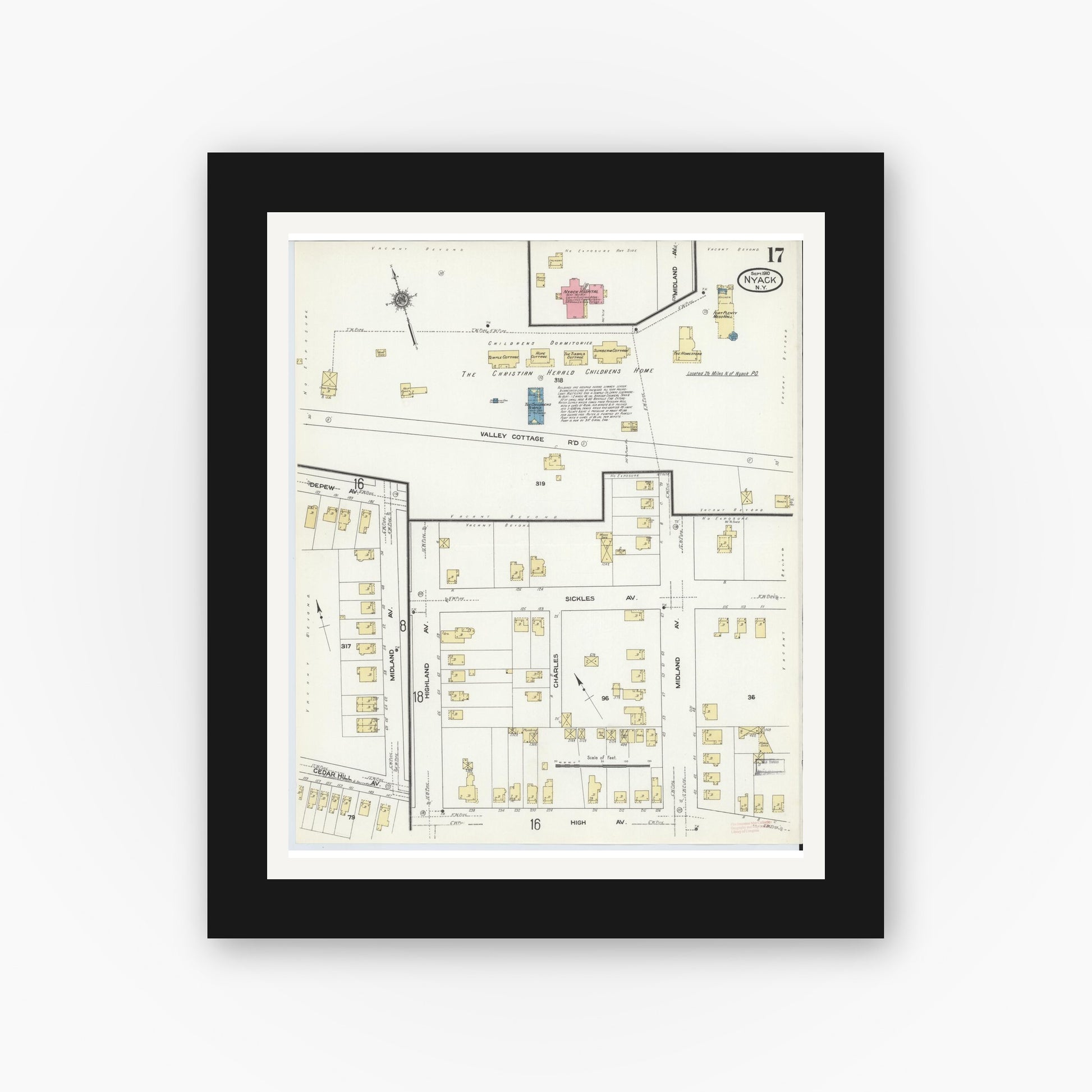 Old map wall art mockup — black gallery frame with white mat — Sanborn Fire Insurance Map from Nyack, Rockland County, New York. (1910), Sheet #0017