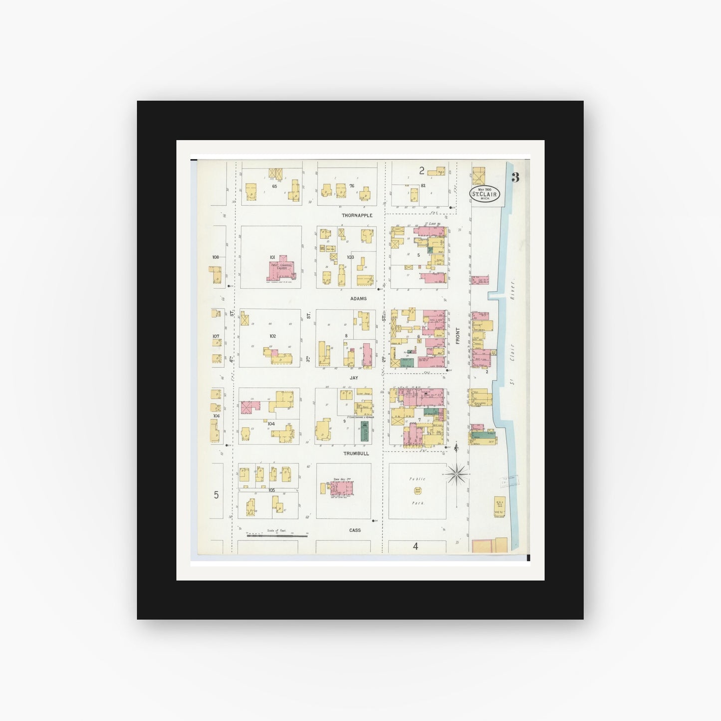 Old map wall art mockup — black gallery frame with white mat — Sanborn Fire Insurance Map from Saint Clair, Saint Clair County, Michigan (1900), Sheet #0003