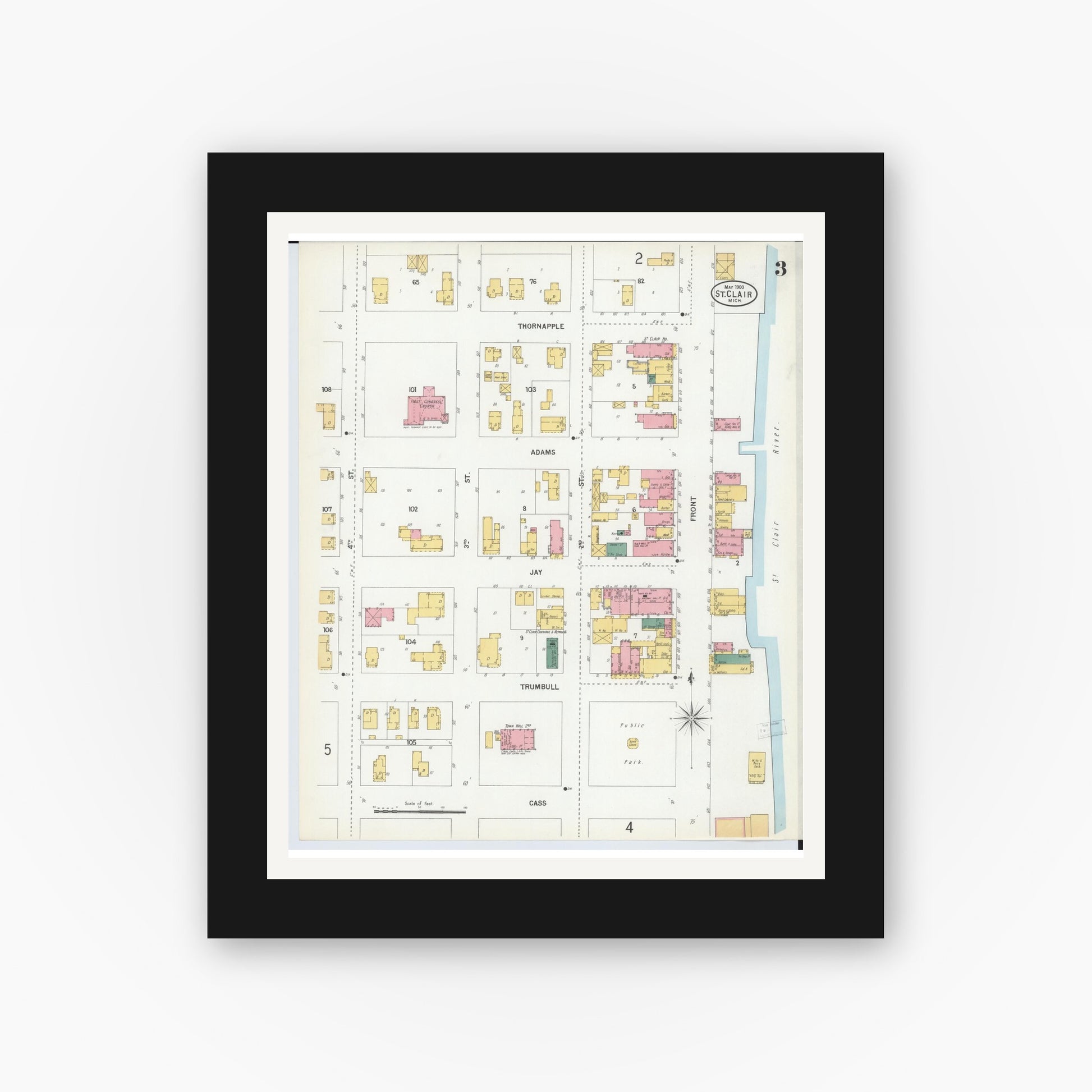 Old map wall art mockup — black gallery frame with white mat — Sanborn Fire Insurance Map from Saint Clair, Saint Clair County, Michigan (1900), Sheet #0003