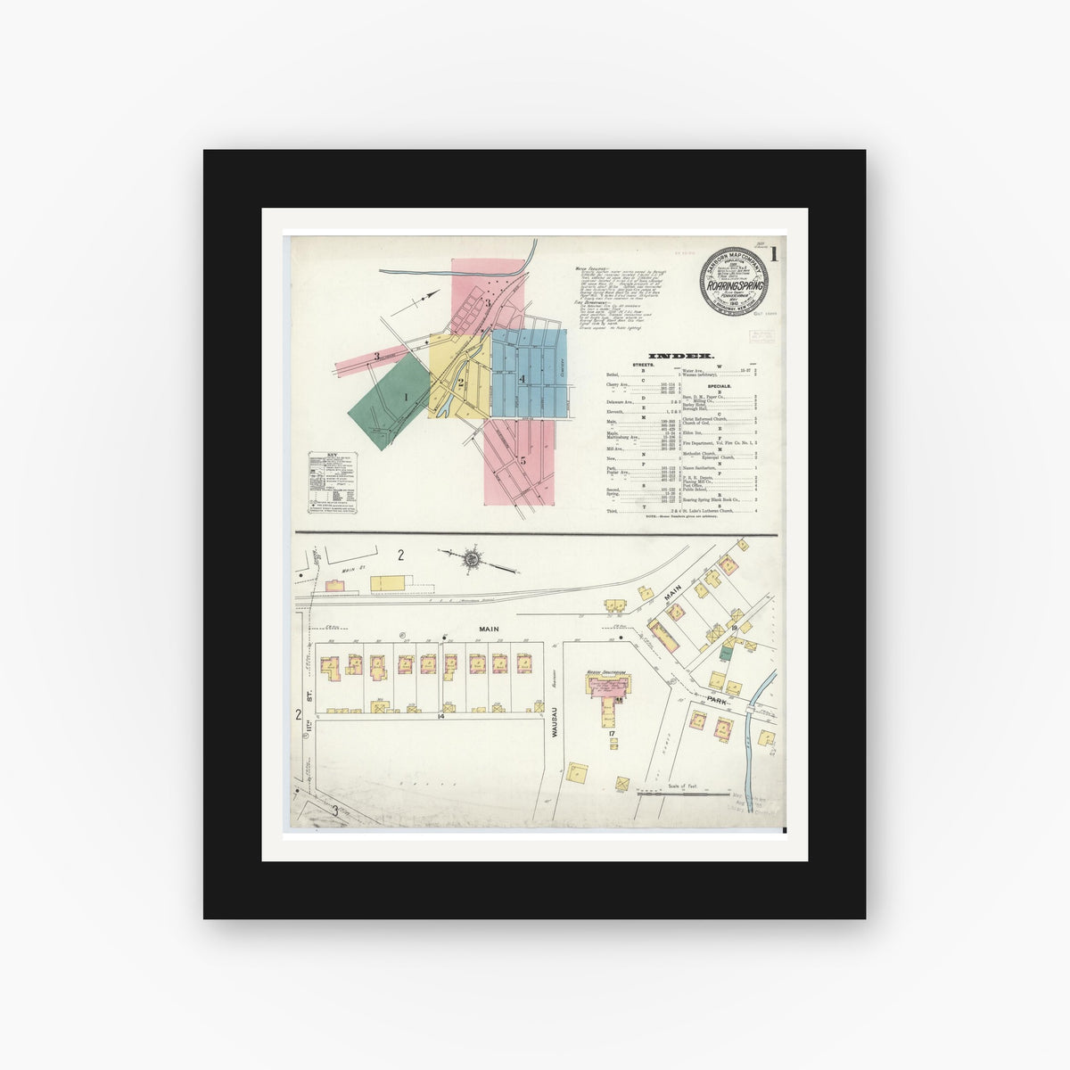 Old map wall art mockup — black gallery frame with white mat — Sanborn Fire Insurance Map from Roaring Spring, Blair County, Pennsylvania (1910) - Complete Map Set