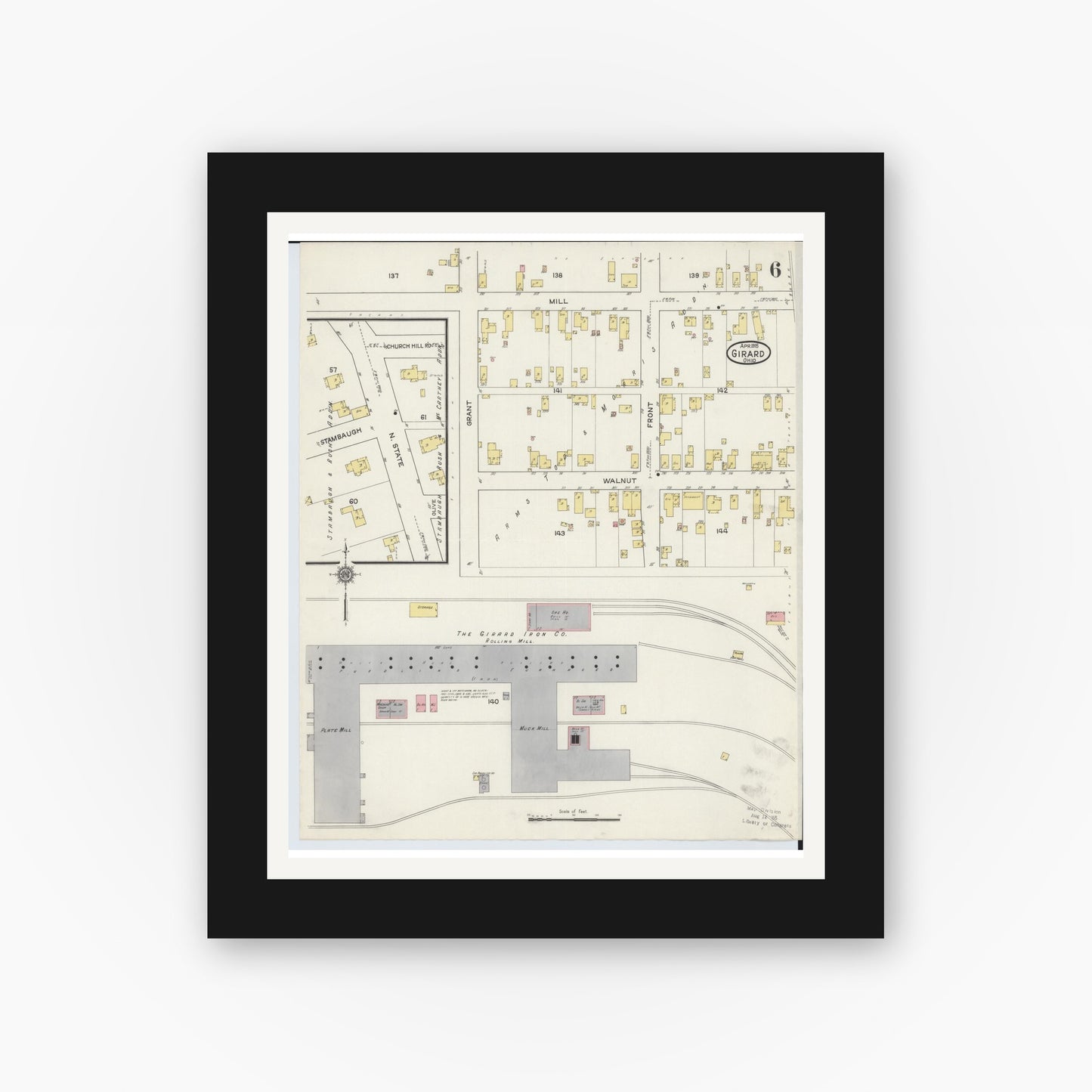 Old map wall art mockup — black gallery frame with white mat — Sanborn Fire Insurance Map from Girard, Trumbull County, Ohio (1915), Sheet #0006