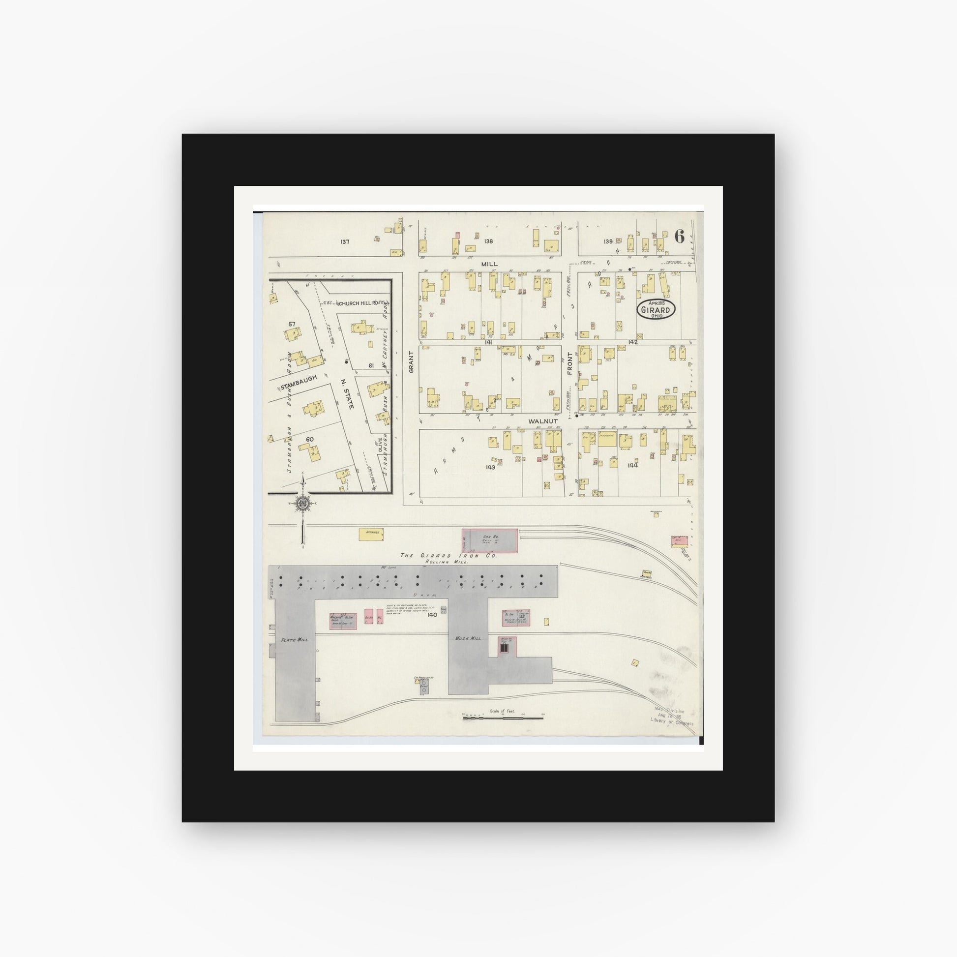 Old map wall art mockup — black gallery frame with white mat — Sanborn Fire Insurance Map from Girard, Trumbull County, Ohio (1915), Sheet #0006