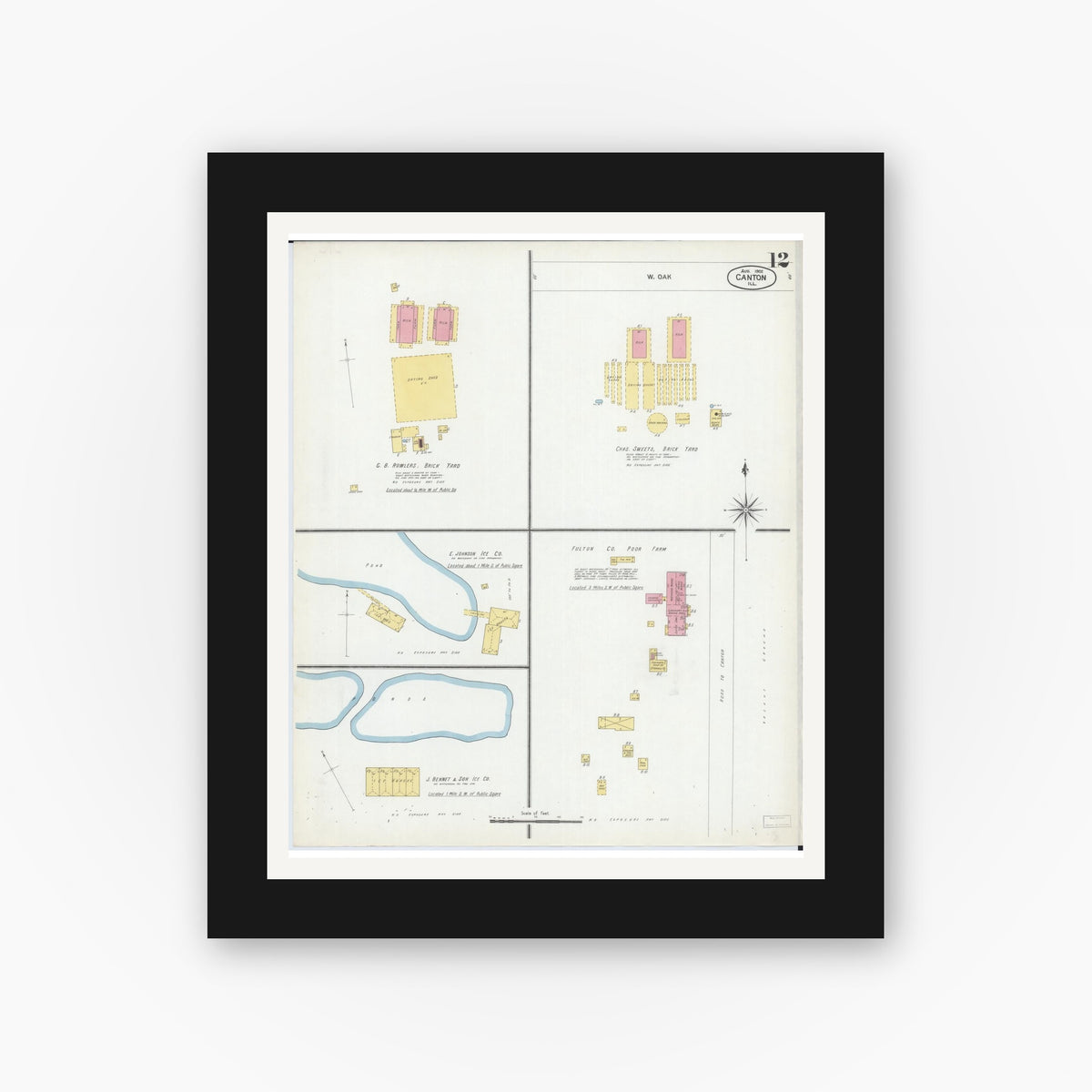 Old map wall art mockup — black gallery frame with white mat — Sanborn Fire Insurance Map from Canton, Fulton County, Illinois (1902), Sheet #0012