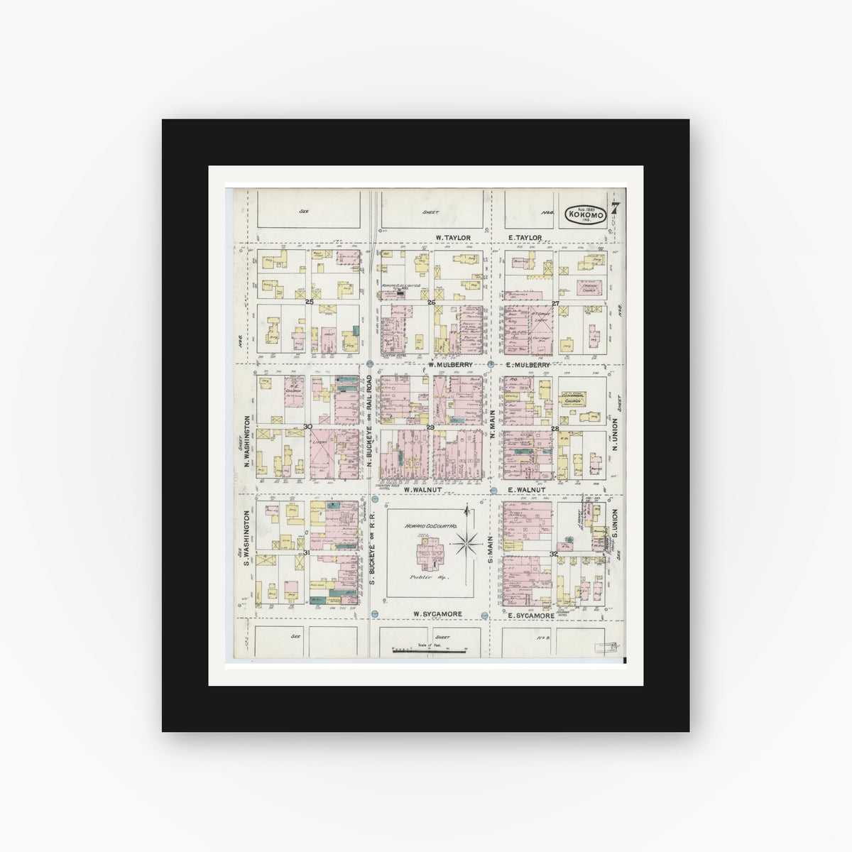 Old map wall art mockup — black gallery frame with white mat — Sanborn Fire Insurance Map from Kokomo, Howard County, Indiana (1889), Sheet #0007
