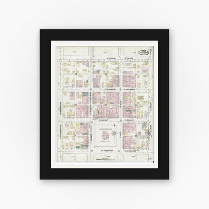 Old map wall art mockup — black gallery frame with white mat — Sanborn Fire Insurance Map from Kokomo, Howard County, Indiana (1889), Sheet #0007