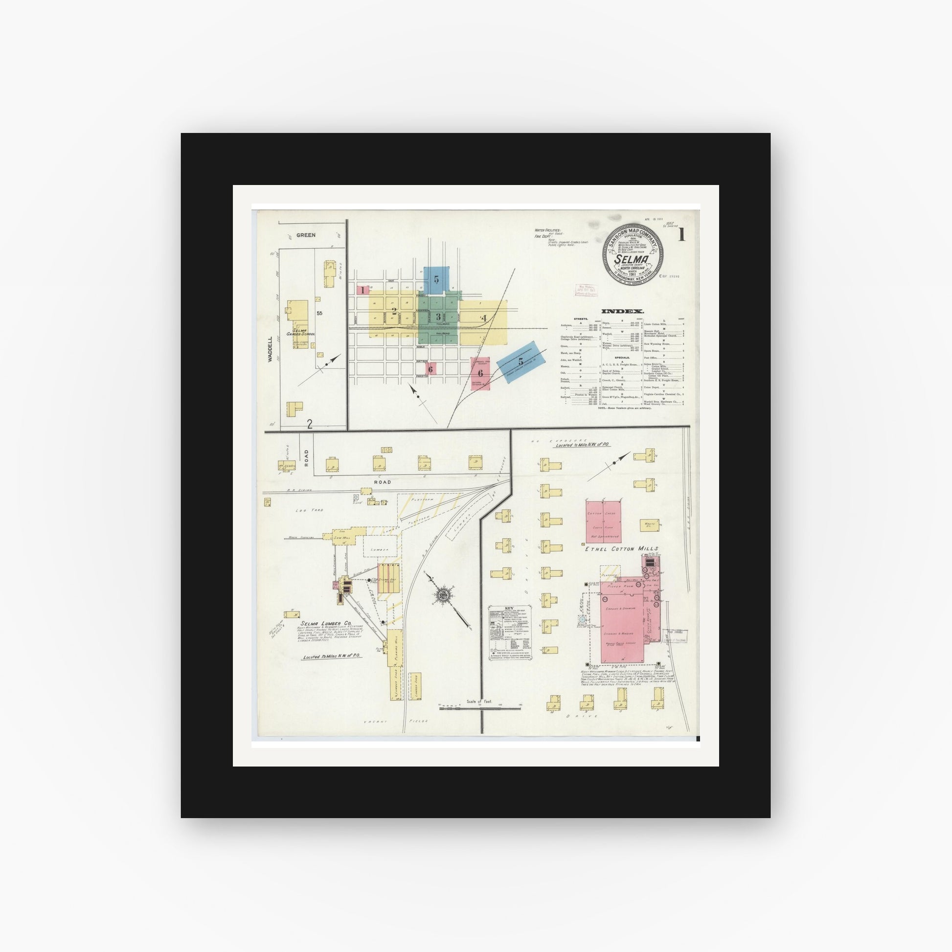 Old map wall art mockup — black gallery frame with white mat — Sanborn Fire Insurance Map from Selma, Johnston County, North Carolina (1911) - Complete Map Set