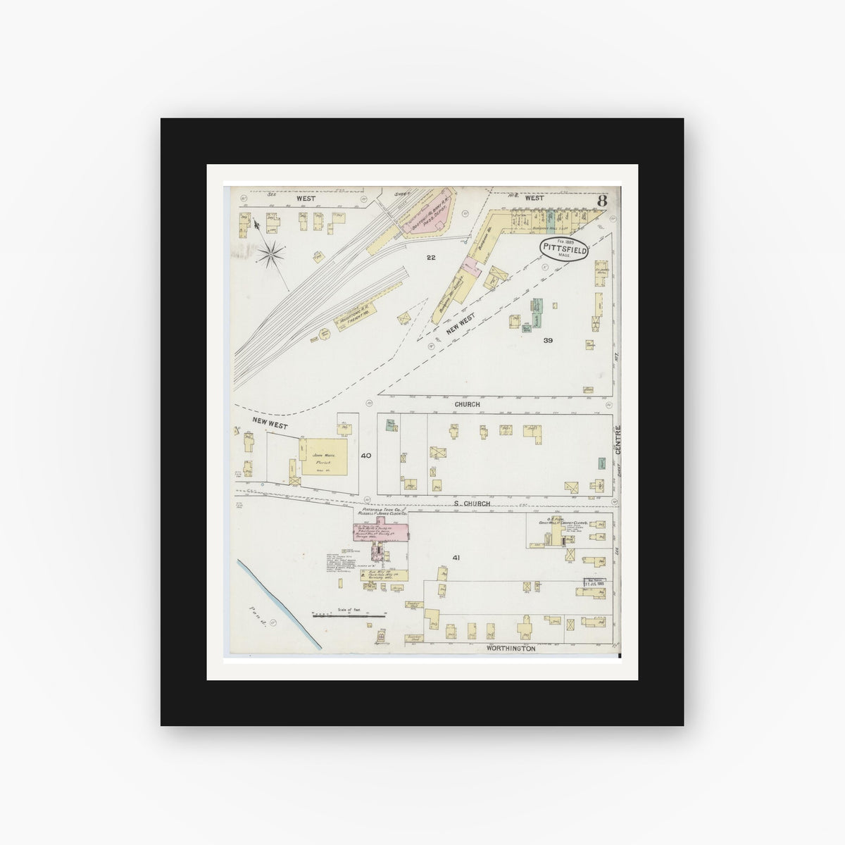 Old map wall art mockup — black gallery frame with white mat — Sanborn Fire Insurance Map from Pittsfield, Berkshire County, Massachusetts (1889), Sheet #0008