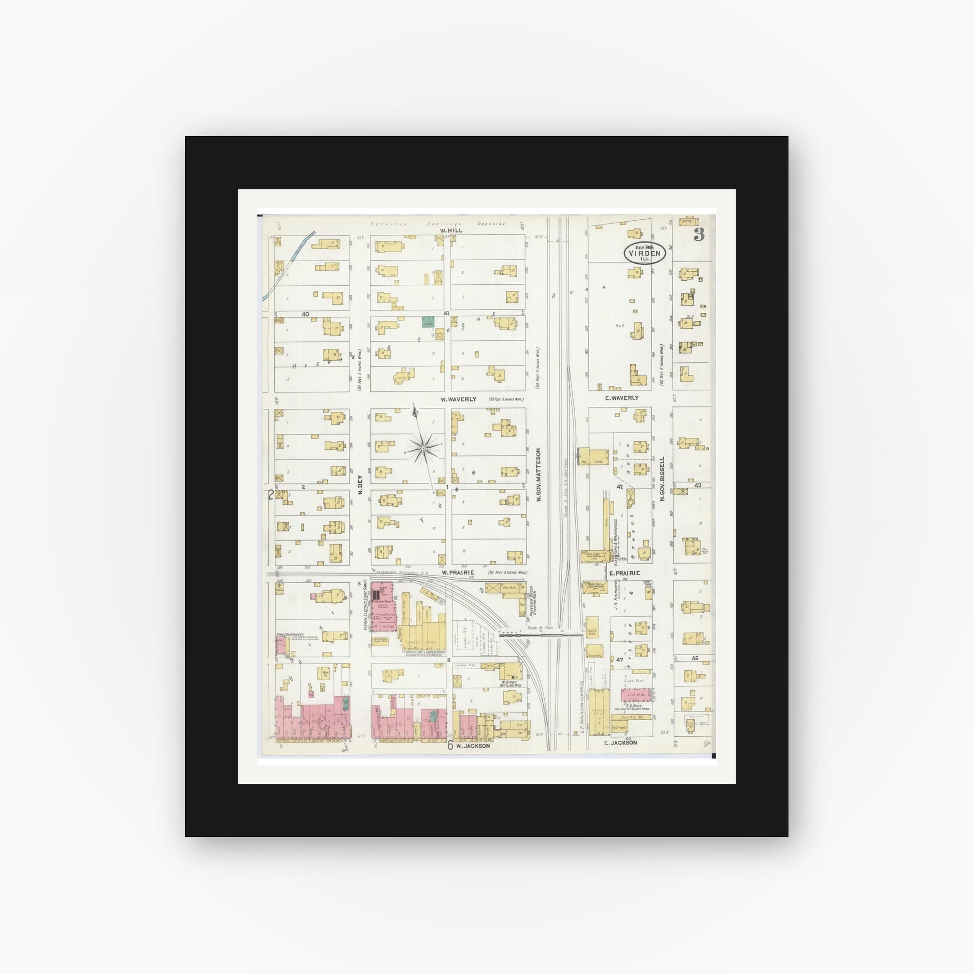 Old map wall art mockup — black gallery frame with white mat — Sanborn Fire Insurance Map from Virden, Macoupin County, Illinois (1906), Sheet #0003