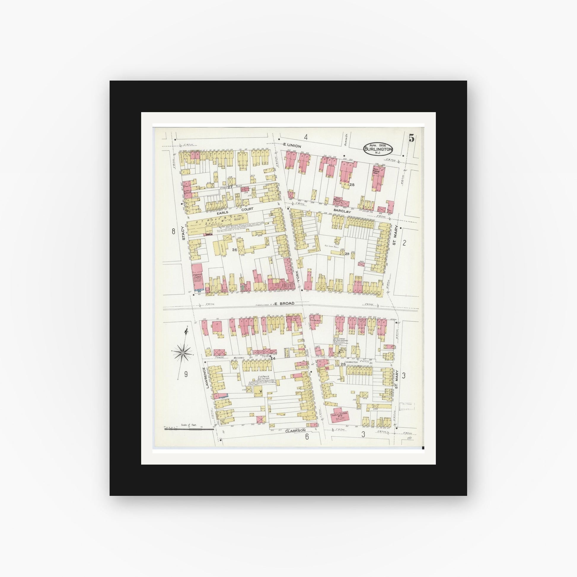 Old map wall art mockup — black gallery frame with white mat — Sanborn Fire Insurance Map from Burlington, Burlington County, New Jersey (1908), Sheet #0004