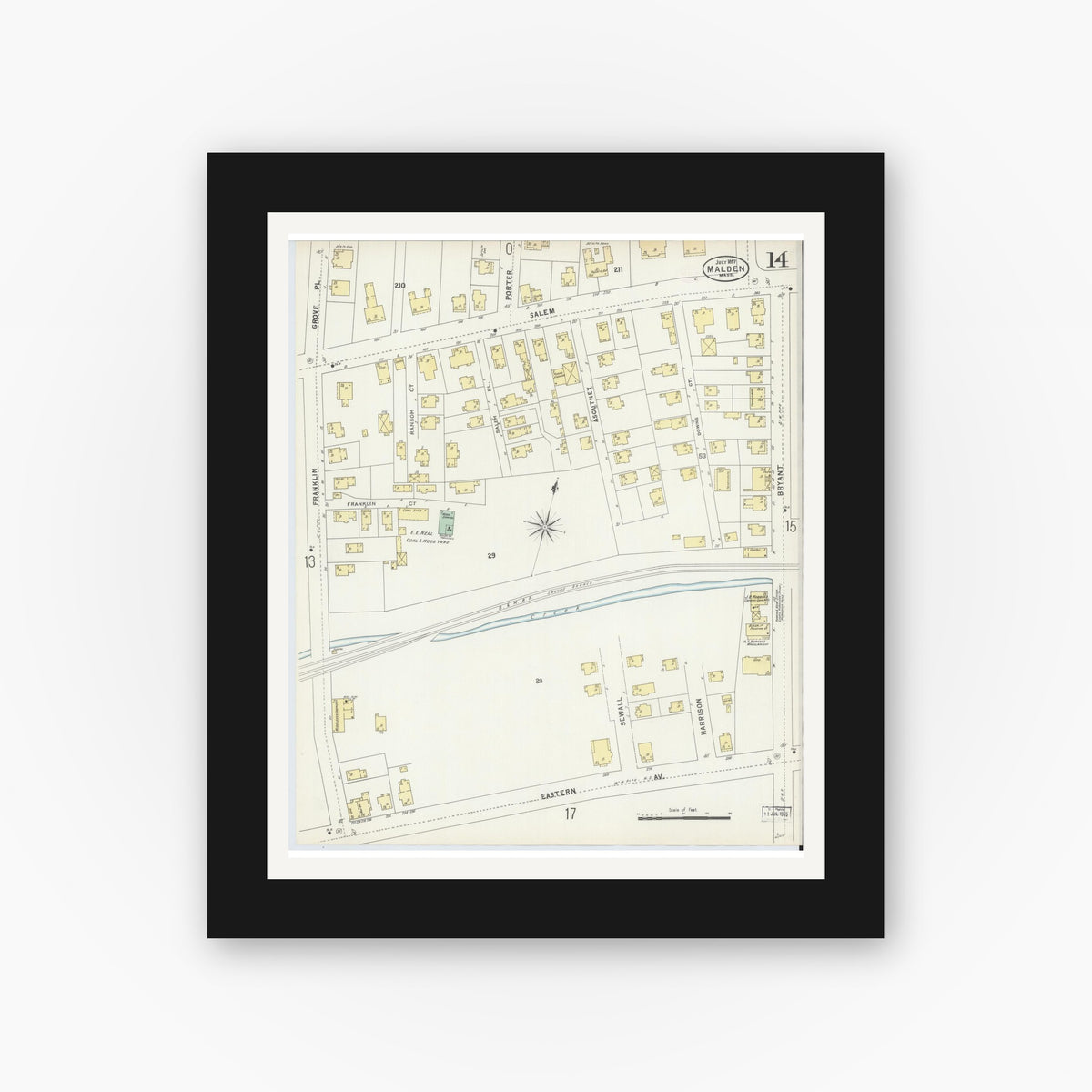 Old map wall art mockup — black gallery frame with white mat — Sanborn Fire Insurance Map from Malden, Middlesex County, Massachusetts (1897), Sheet #0014