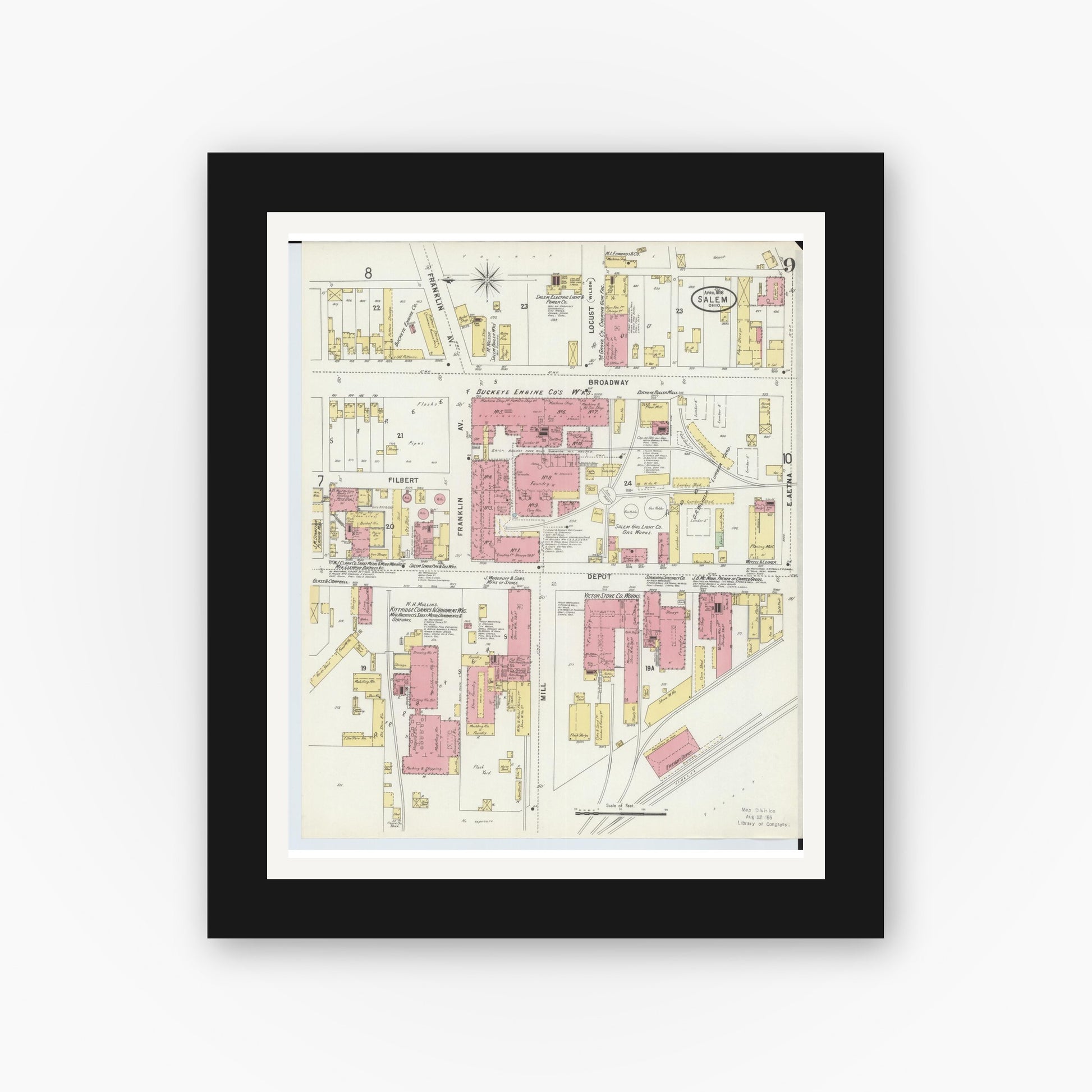Old map wall art mockup — black gallery frame with white mat — Sanborn Fire Insurance Map from Salem, Columbiana County, Ohio (1898), Sheet #0009