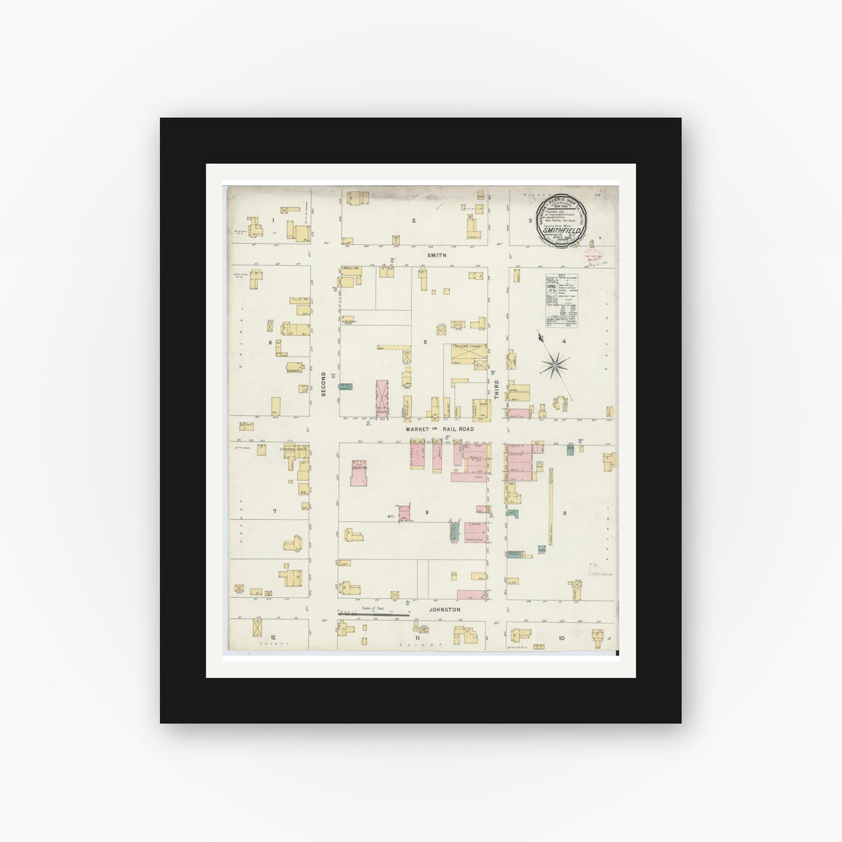 Old map wall art mockup — black gallery frame with white mat — Sanborn Fire Insurance Map from Smithfield, Johnston County, North Carolina (1896), Sheet #0001