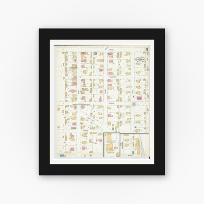 Old map wall art mockup — black gallery frame with white mat — Sanborn Fire Insurance Map from Covington, Miami County, Ohio (1899), Sheet #0003