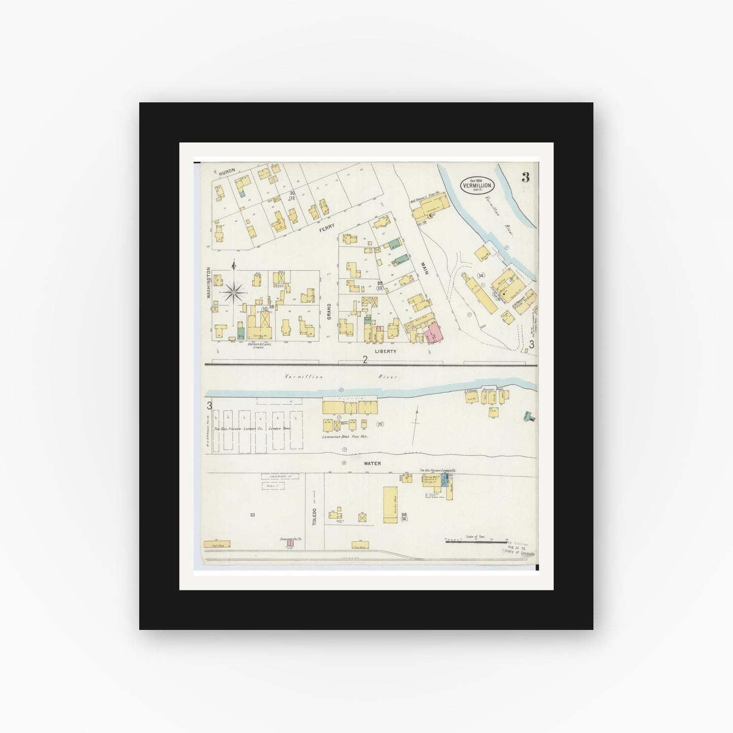 Old map wall art mockup — black gallery frame with white mat — Sanborn Fire Insurance Map from Vermillion, Erie County, Ohio (1898), Sheet #0003