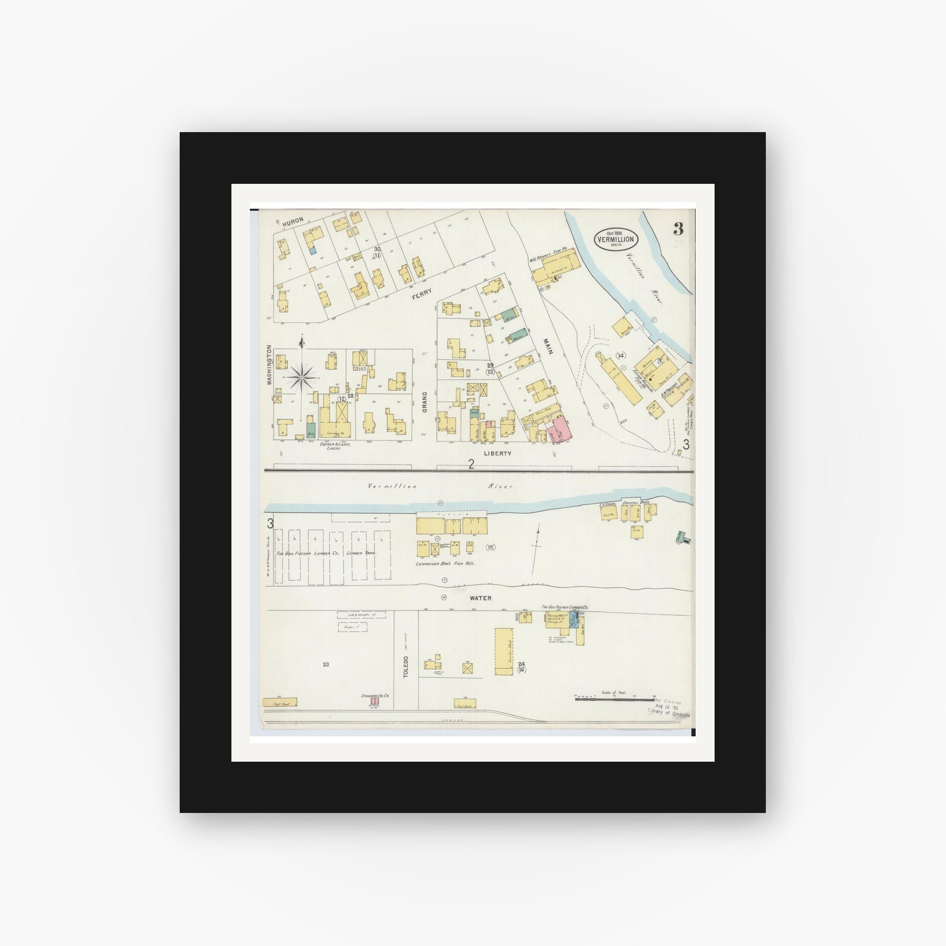 Old map wall art mockup — black gallery frame with white mat — Sanborn Fire Insurance Map from Vermillion, Erie County, Ohio (1898), Sheet #0003