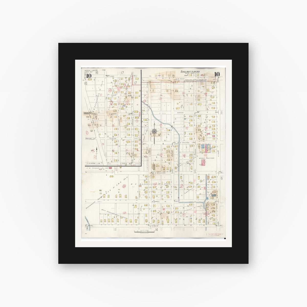 Old map wall art mockup — black gallery frame with white mat — Sanborn Fire Insurance Map from Marion, Williamson County, Illinois (1946), Sheet #0010