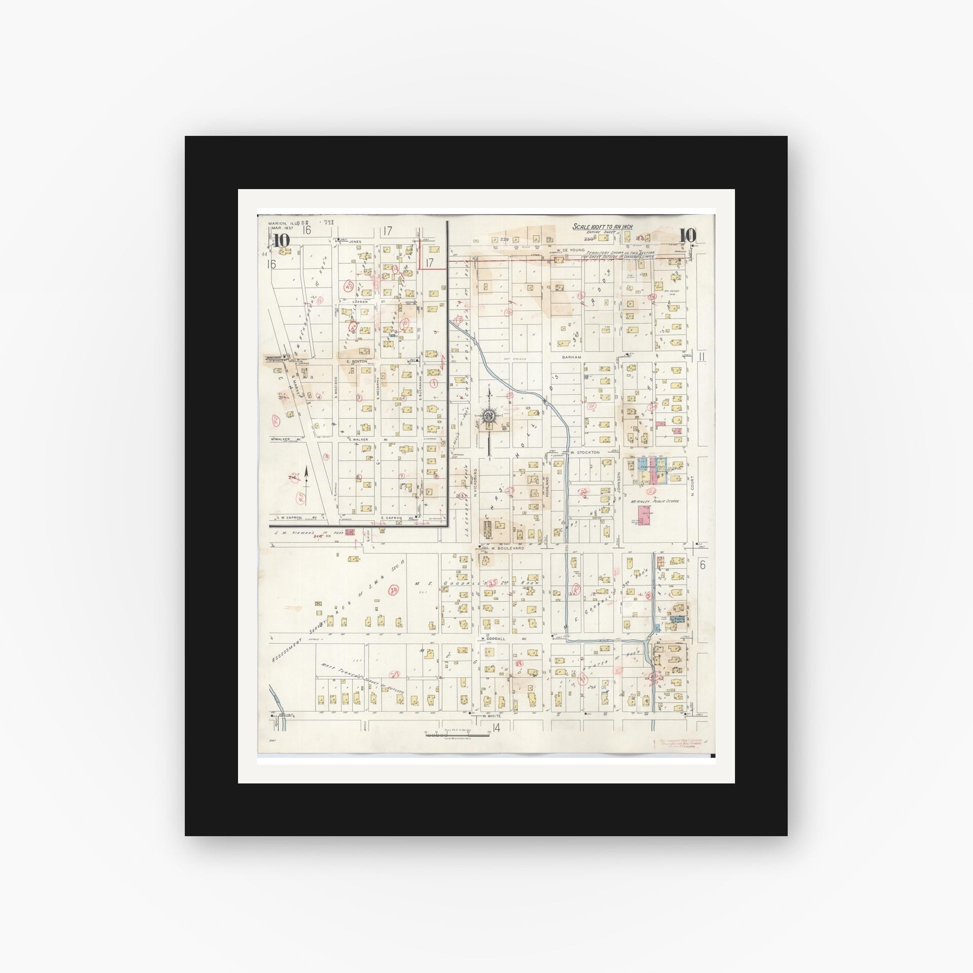 Old map wall art mockup — black gallery frame with white mat — Sanborn Fire Insurance Map from Marion, Williamson County, Illinois (1946), Sheet #0010