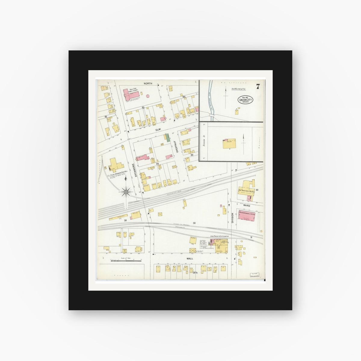 Old map wall art mockup — black gallery frame with white mat — Sanborn Fire Insurance Map from Union City, Randolph County, Indiana (1901), Sheet #0007