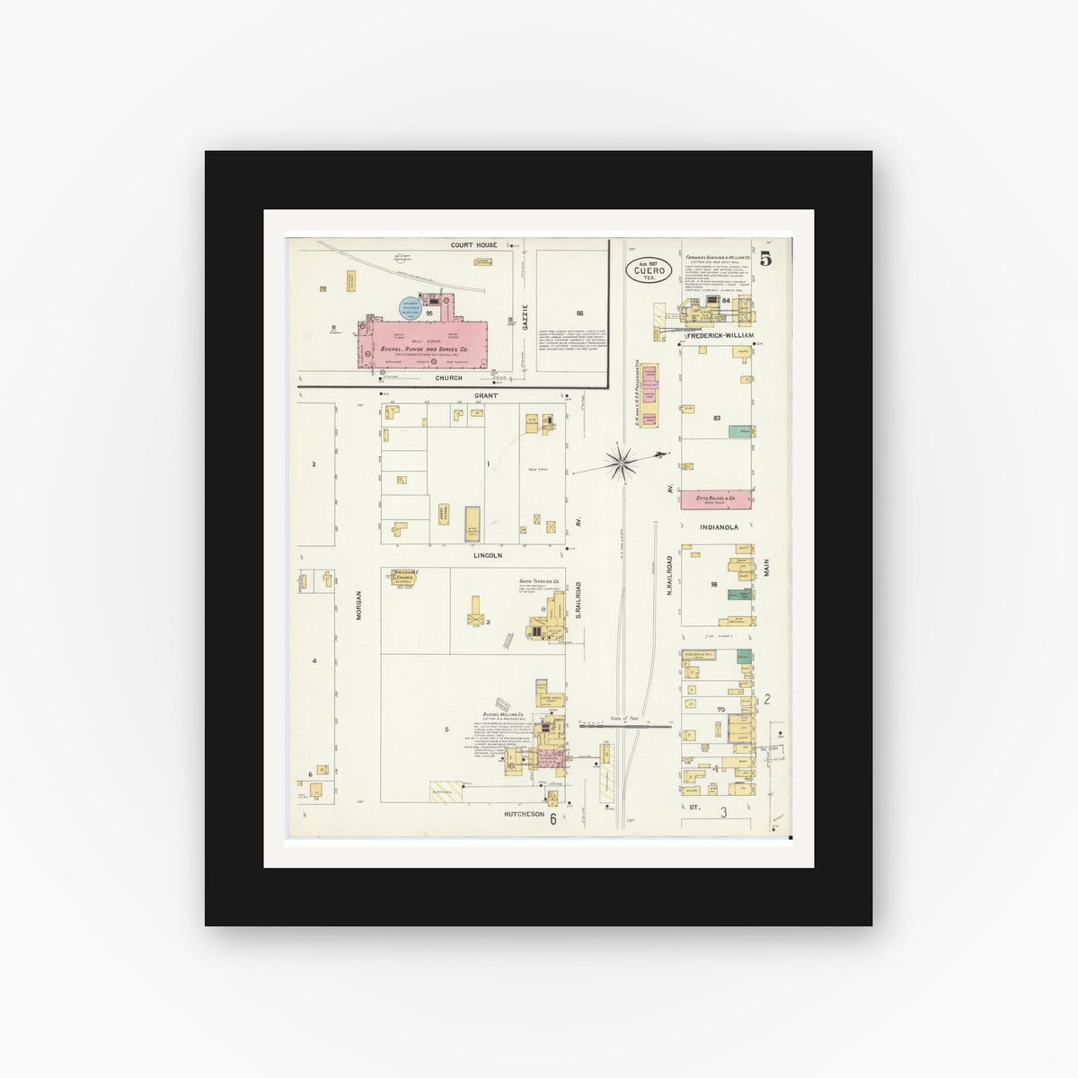 Old map wall art mockup — black gallery frame with white mat — Sanborn Fire Insurance Map from Cuero, De Witt County, Texas (1907), Sheet #0005