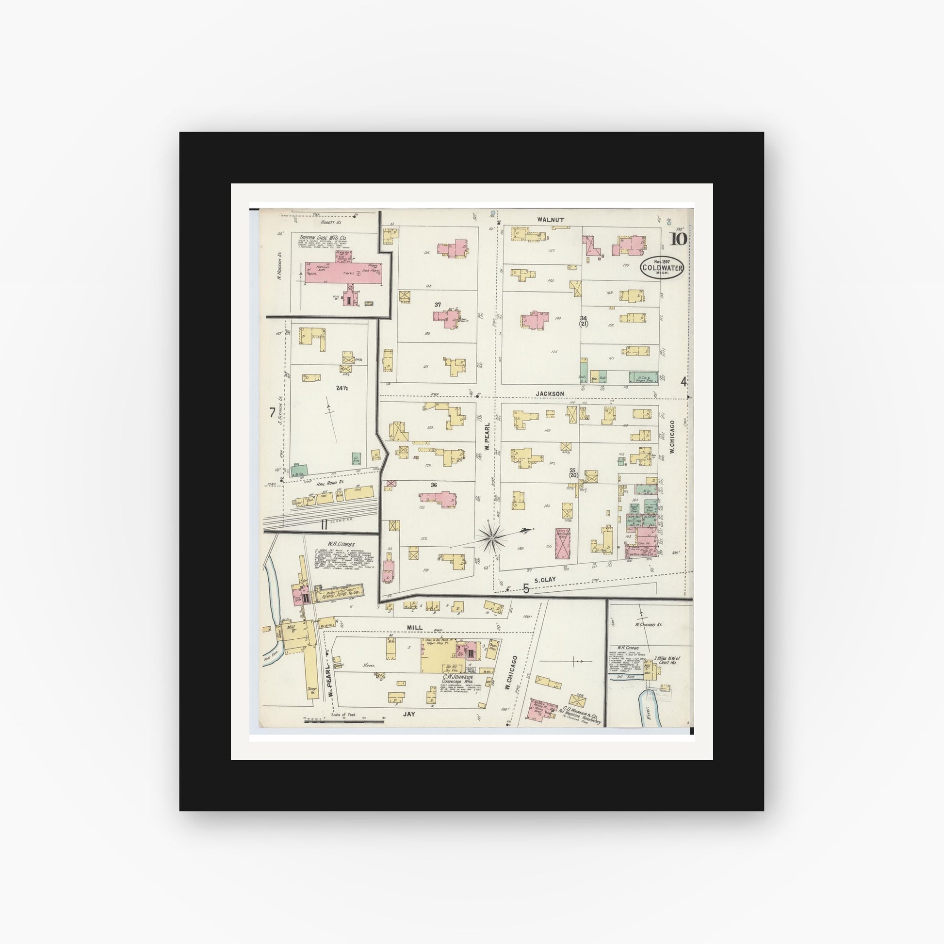 Old map wall art mockup — black gallery frame with white mat — Sanborn Fire Insurance Map from Coldwater, Branch County, Michigan (1897), Sheet #0010