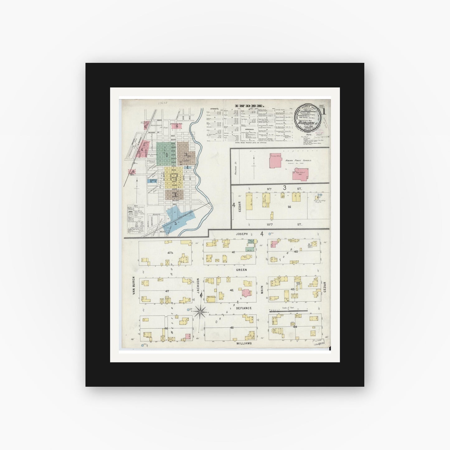 Old map wall art mockup — black gallery frame with white mat — Sanborn Fire Insurance Map from Auburn, De Kalb County, Indiana (1896), Sheet #0001