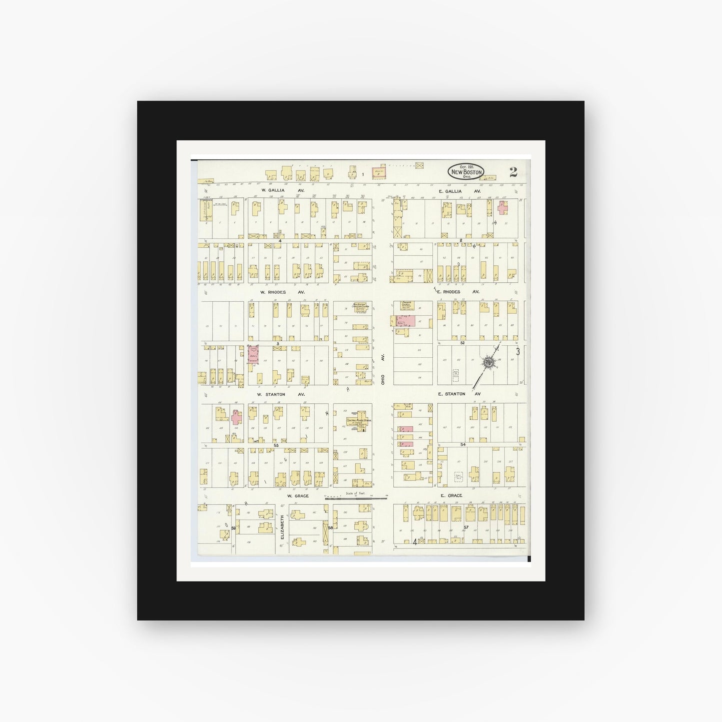 Old map wall art mockup — black gallery frame with white mat — Sanborn Fire Insurance Map from New Boston, Scioto County, Ohio (1911), Sheet #0002