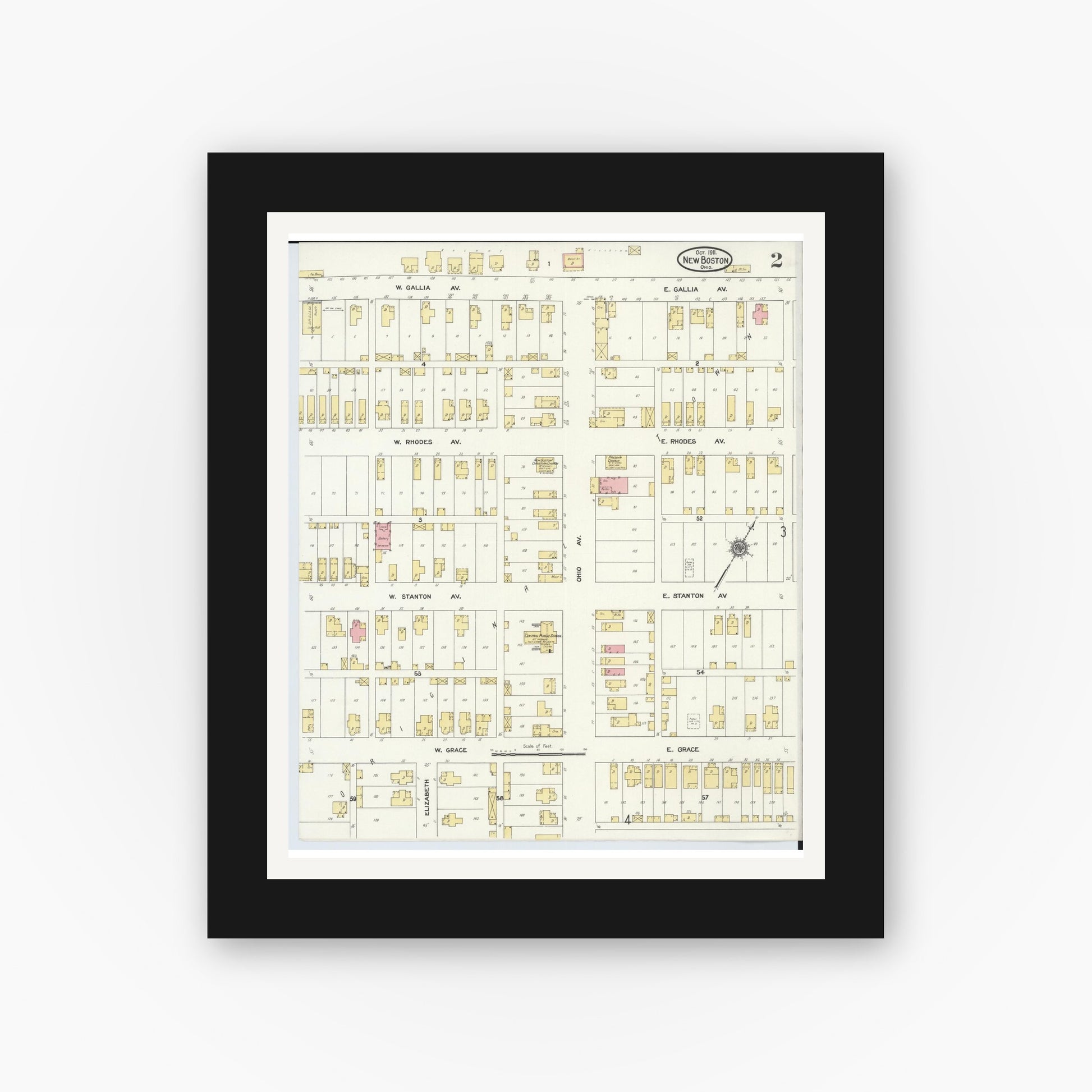 Old map wall art mockup — black gallery frame with white mat — Sanborn Fire Insurance Map from New Boston, Scioto County, Ohio (1911), Sheet #0002