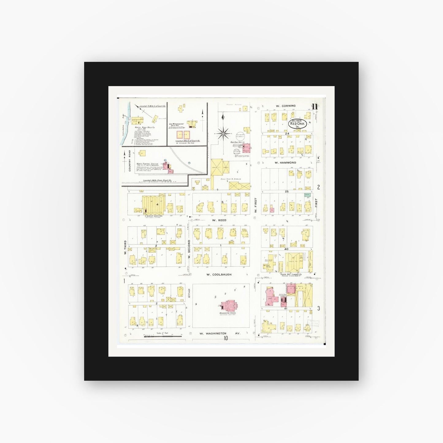 Old map wall art mockup — black gallery frame with white mat — Sanborn Fire Insurance Map from Red Oak, Montgomery County, Iowa (1908), Sheet #0011